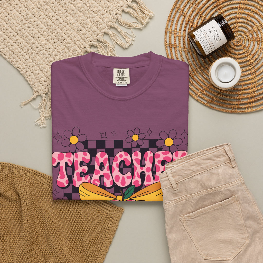 Teacher Floral Bow T‑Shirt — Cute Checkerboard & Heart Design for Educators