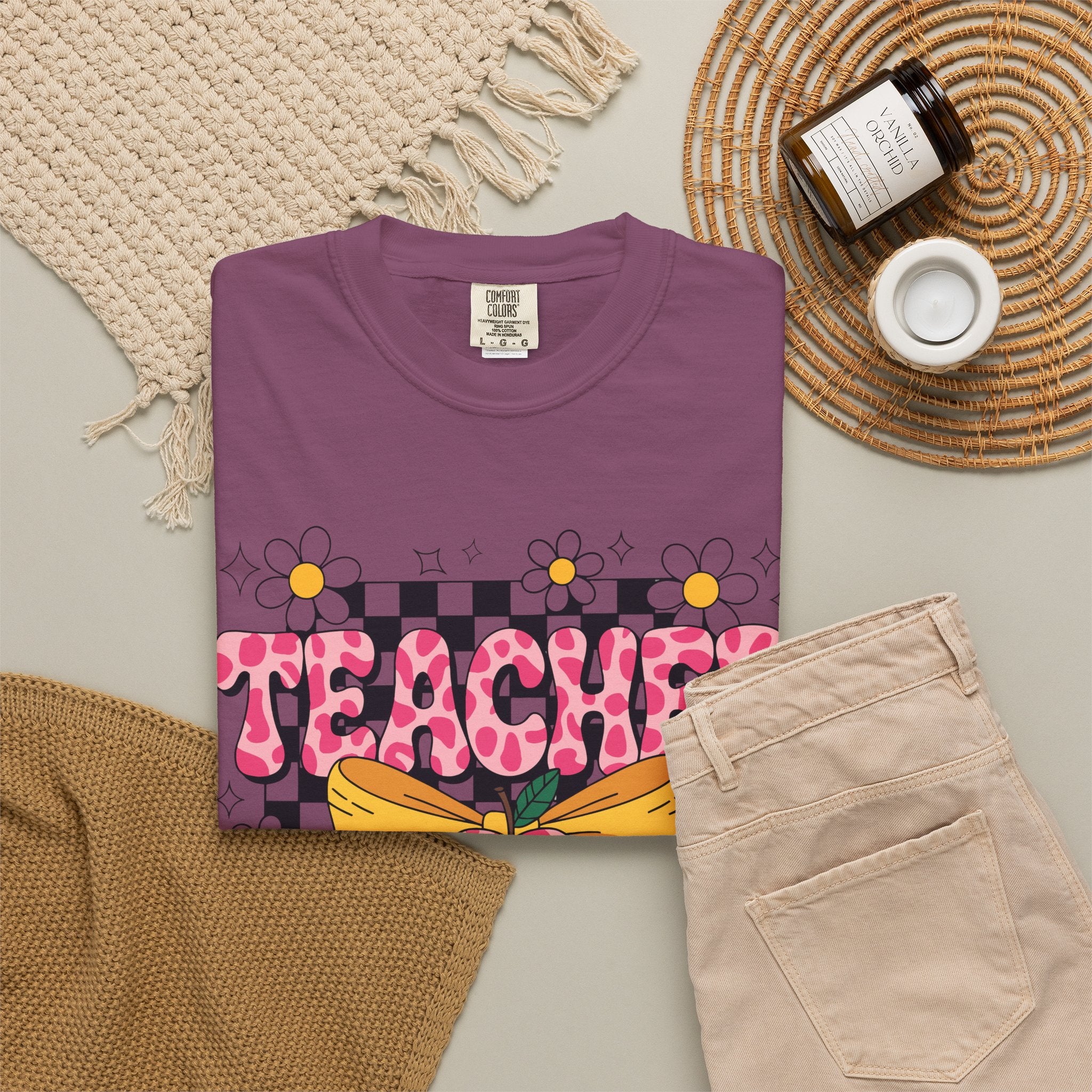 Teacher Floral Bow T‑Shirt — Cute Checkerboard & Heart Design for Educators