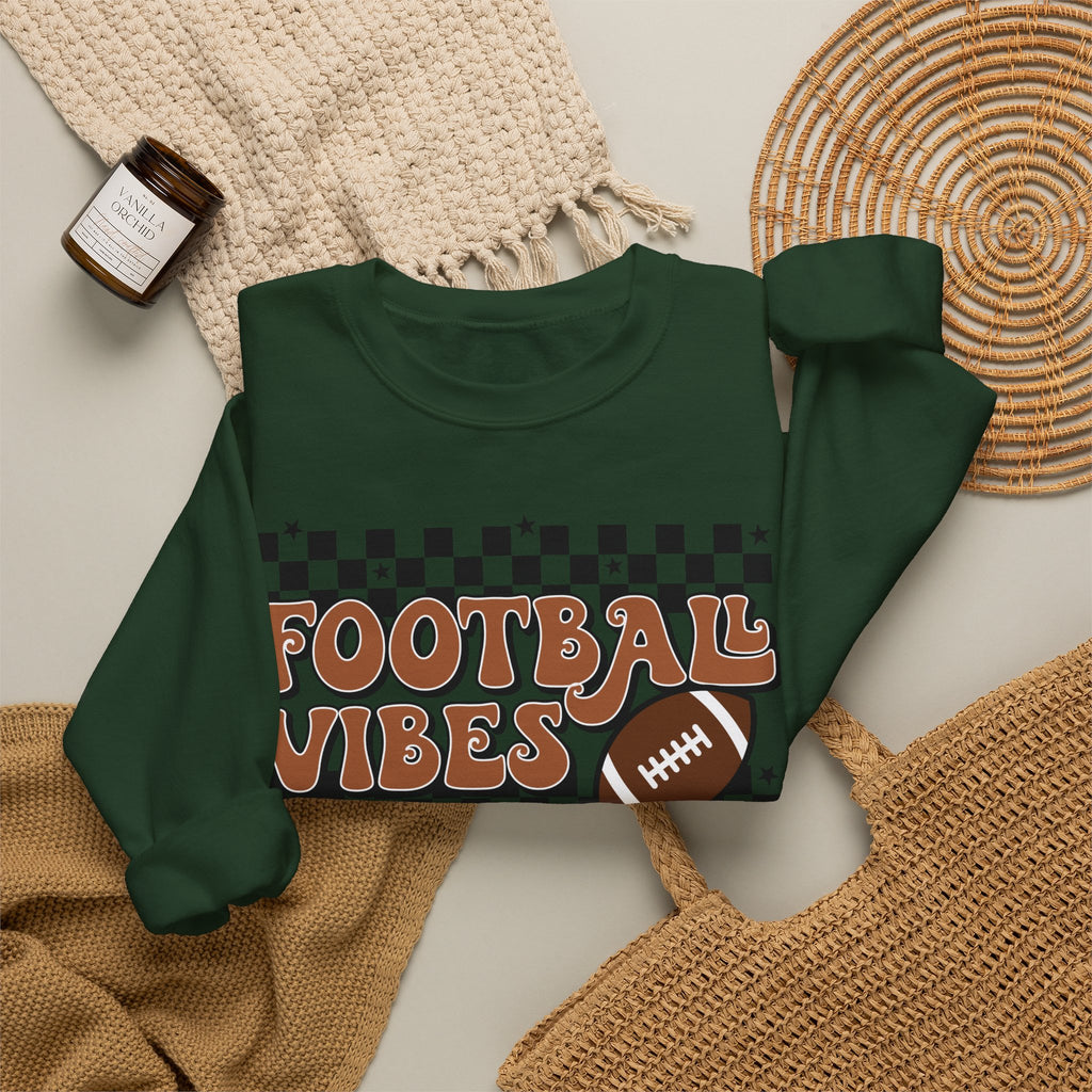 Football Vibes Crewneck Sweatshirt — Retro Checkerboard Football Graphic