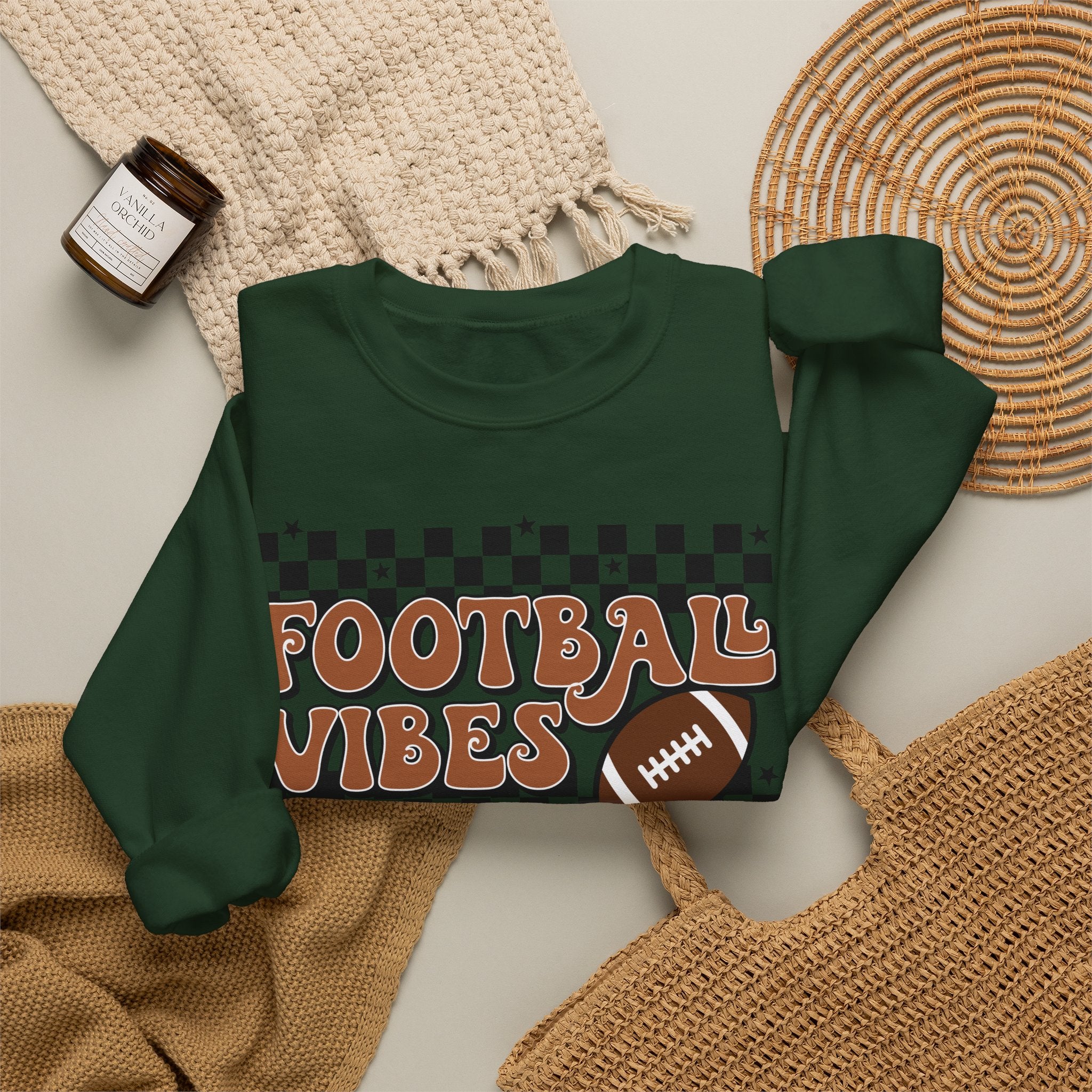 Football Vibes Crewneck Sweatshirt — Retro Checkerboard Football Graphic