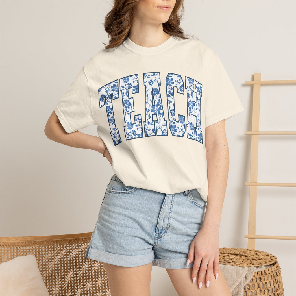 Teacher Floral Arch T-Shirt — 'TEACH' Blue Floral Print Tee