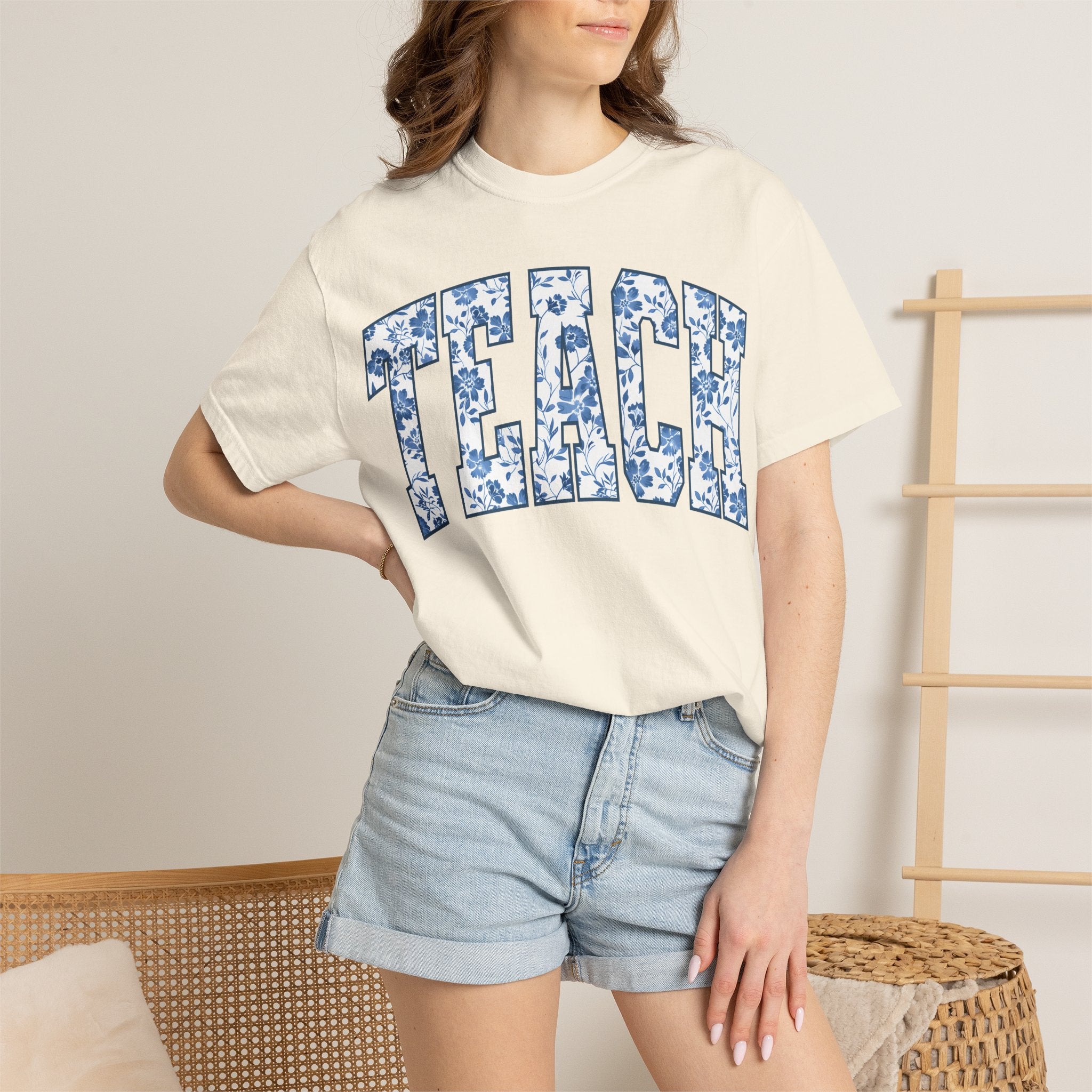 Teacher Floral Arch T-Shirt — 'TEACH' Blue Floral Print Tee