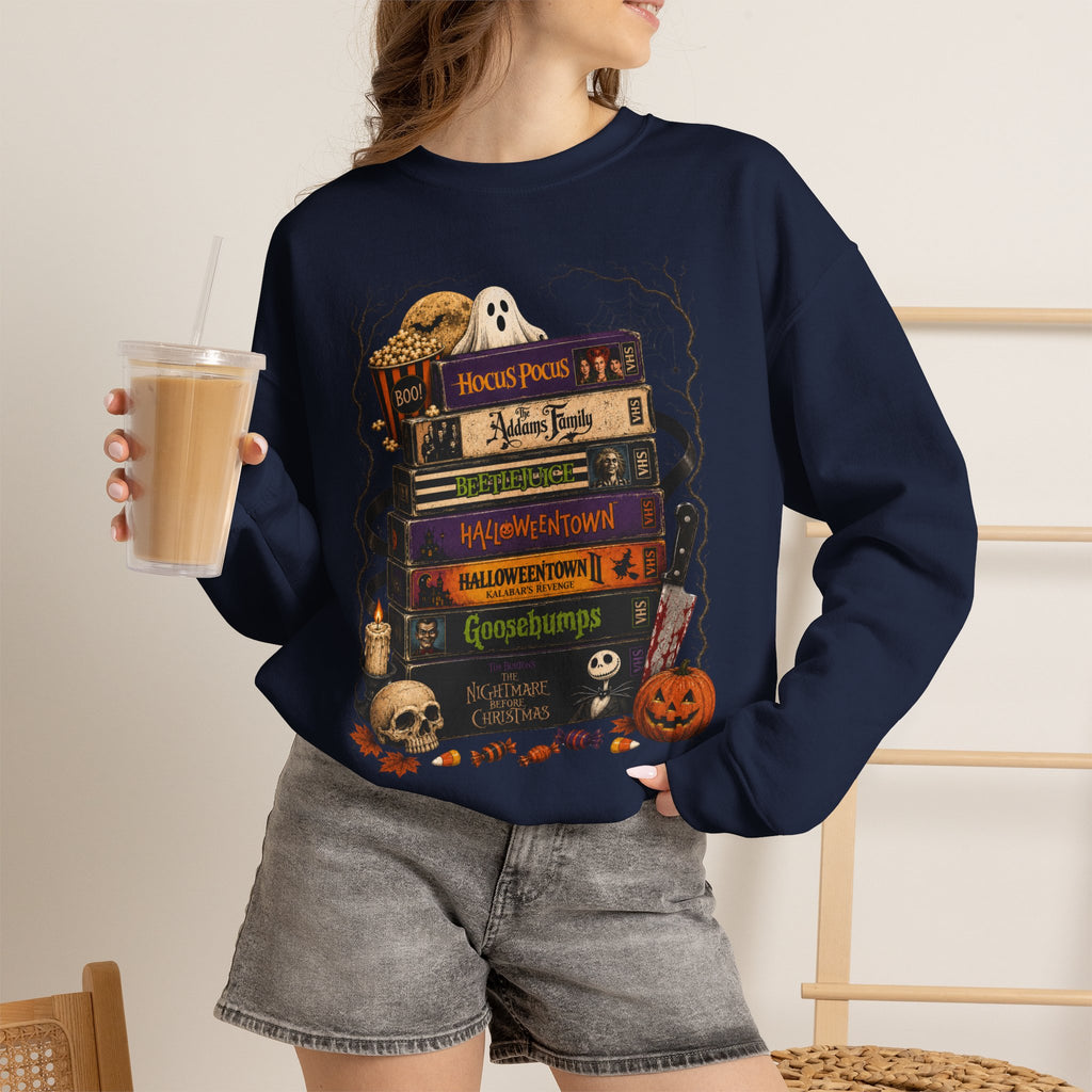 Halloween Book Stack Crewneck Sweatshirt — Spooky Classics Stack with Pumpkin & Skulls