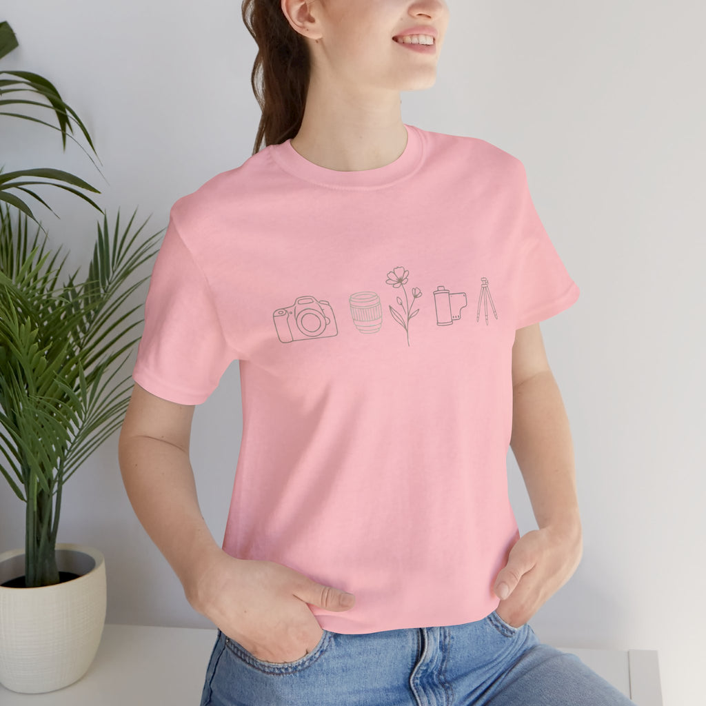 Photography Icons Tee — Minimal Camera, Film, Flower & Tripod Graphic Shirt