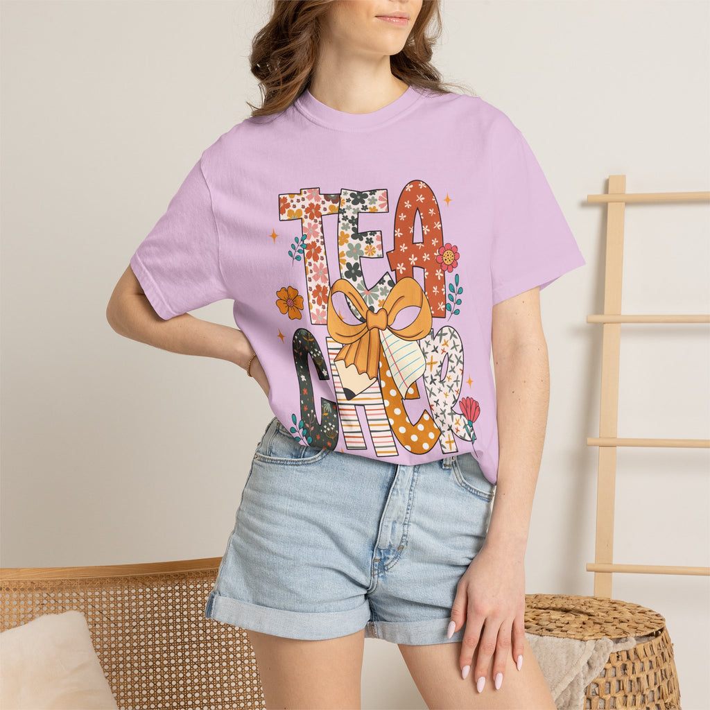 Teacher Graphic T-Shirt — Floral "Teacher" Design with Ribbon