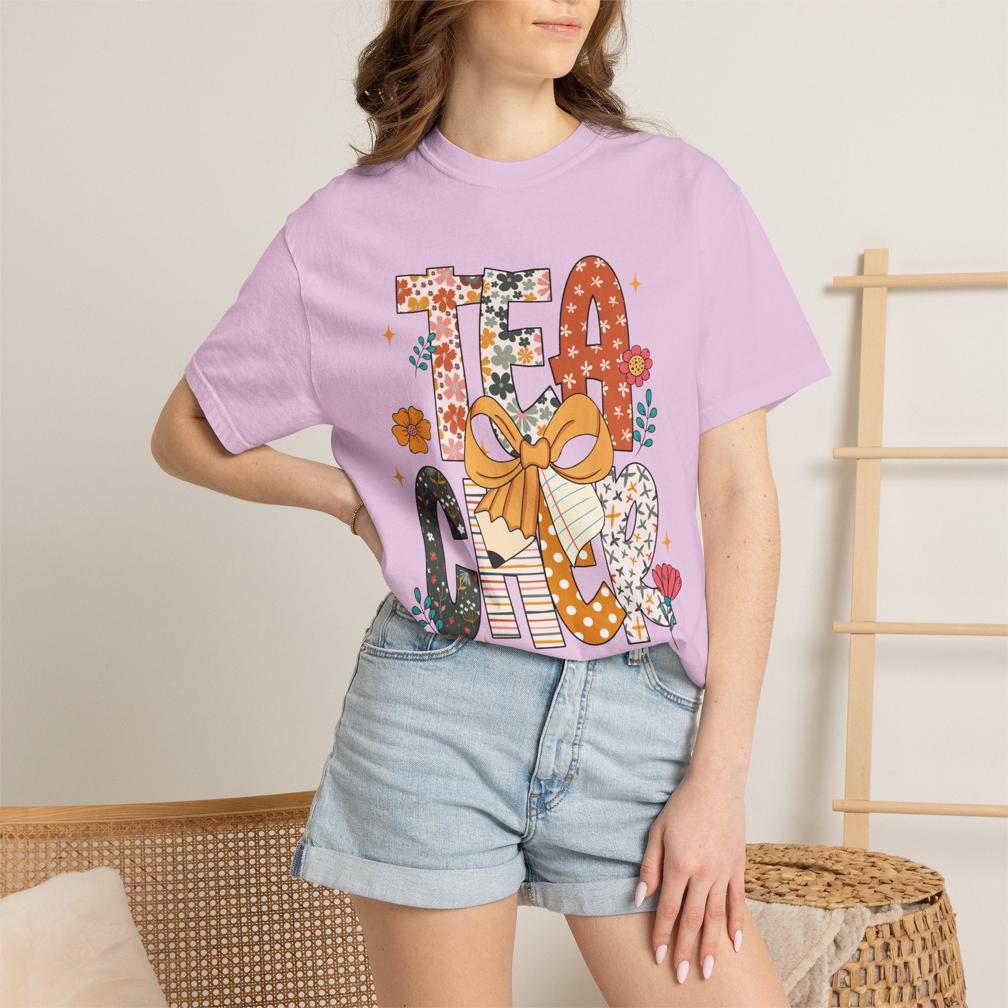 Teacher Graphic T-Shirt — Floral "Teacher" Design with Ribbon