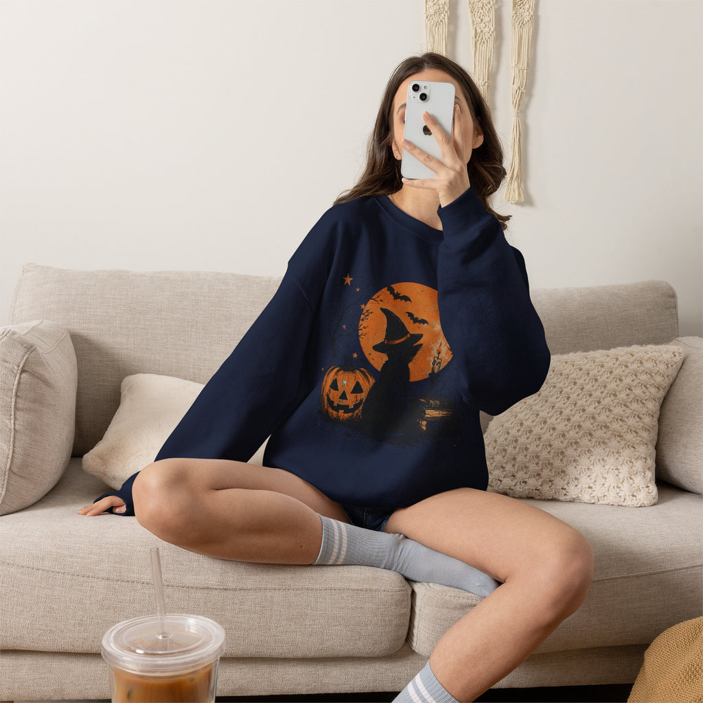 Crewneck Sweatshirt — Halloween Cat Witch Moon Graphic