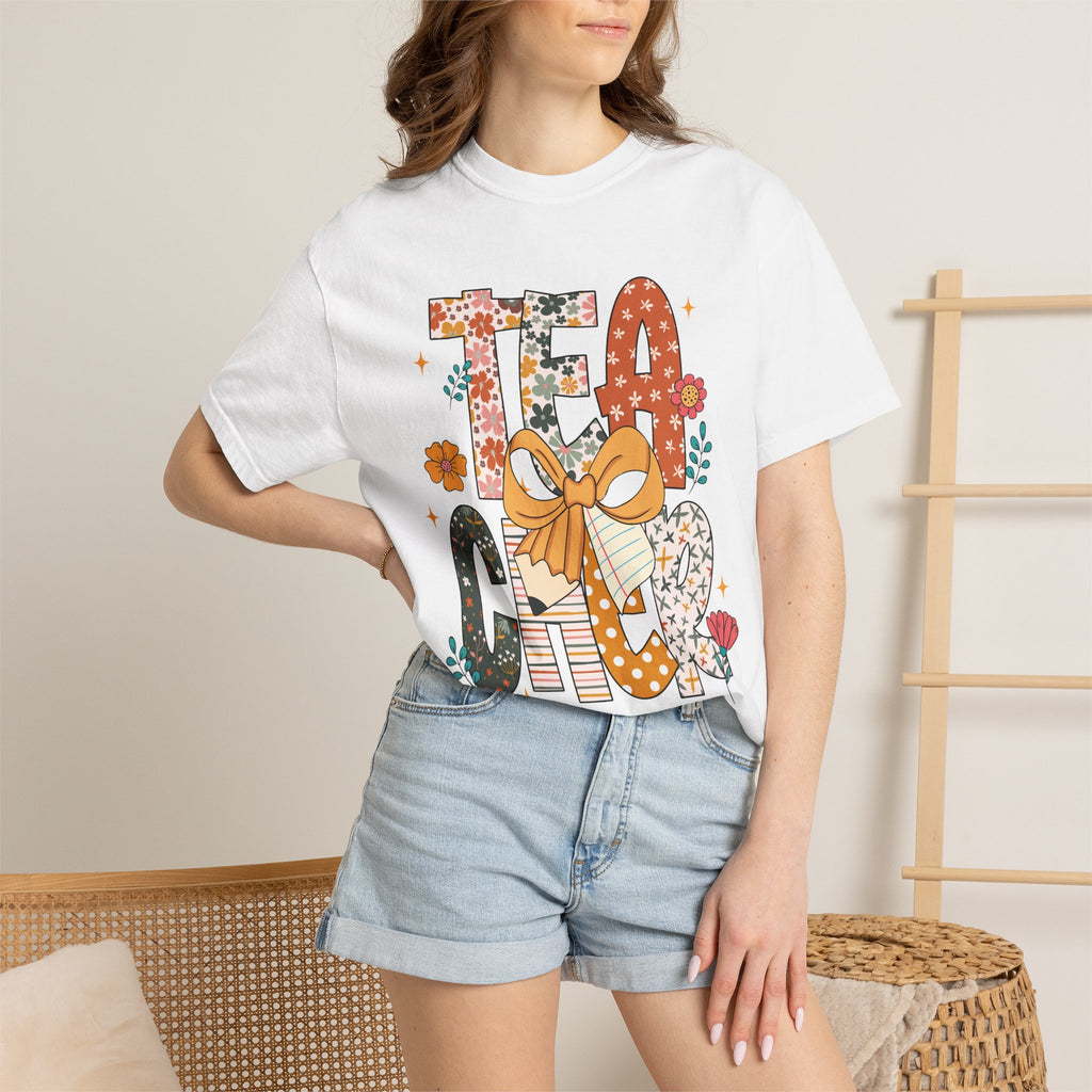 Teacher Graphic T-Shirt — Floral "Teacher" Design with Ribbon