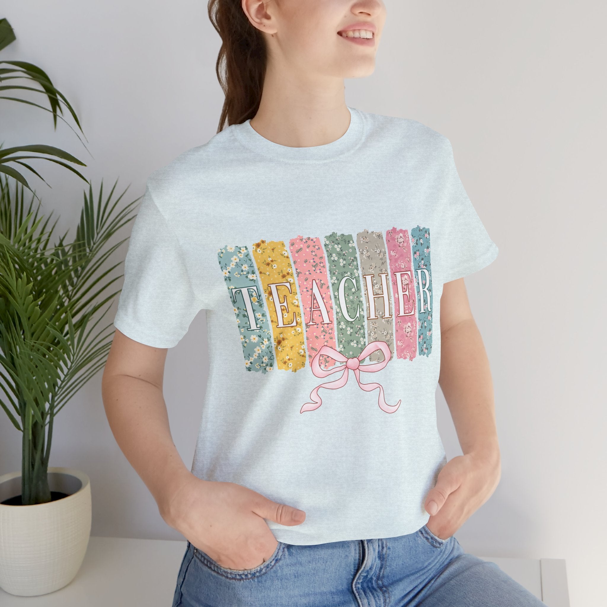 Teacher Floral Stripe T-Shirt - Pastel Ribbon Classroom Gift