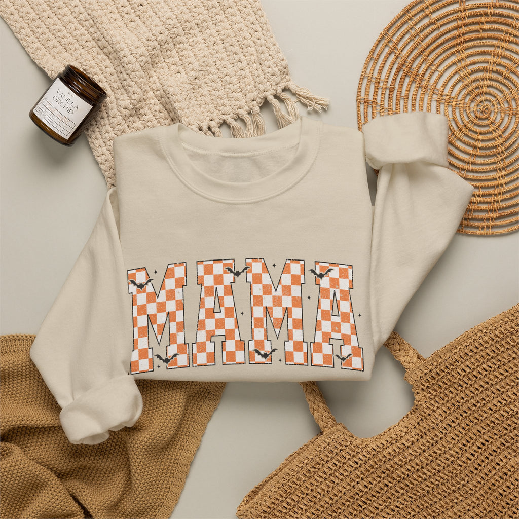 Mama Checkerboard Halloween Sweatshirt – Retro Orange Plaid Mama Pullover
