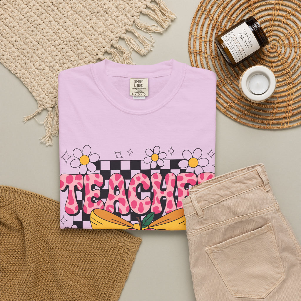 Teacher Floral Bow T‑Shirt — Cute Checkerboard & Heart Design for Educators