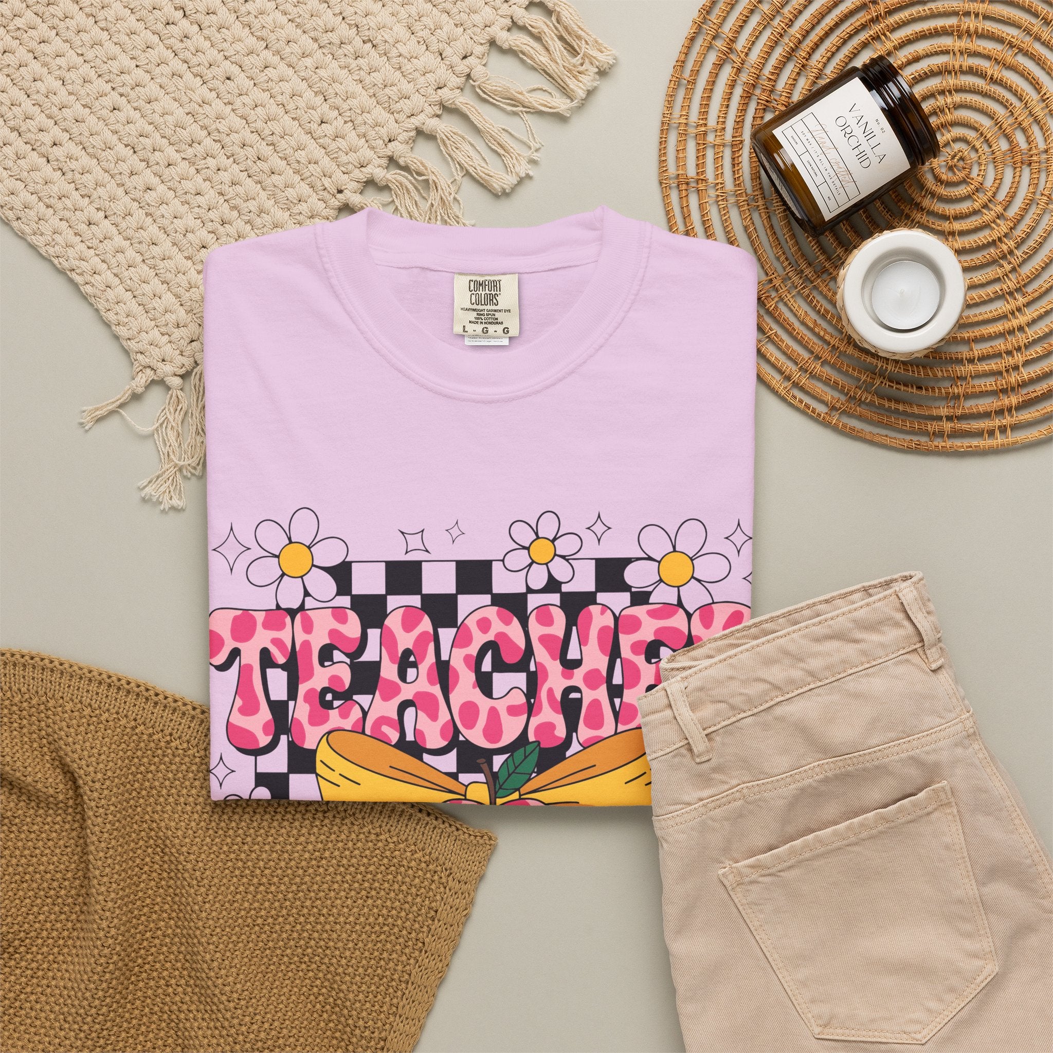 Teacher Floral Bow T‑Shirt — Cute Checkerboard & Heart Design for Educators