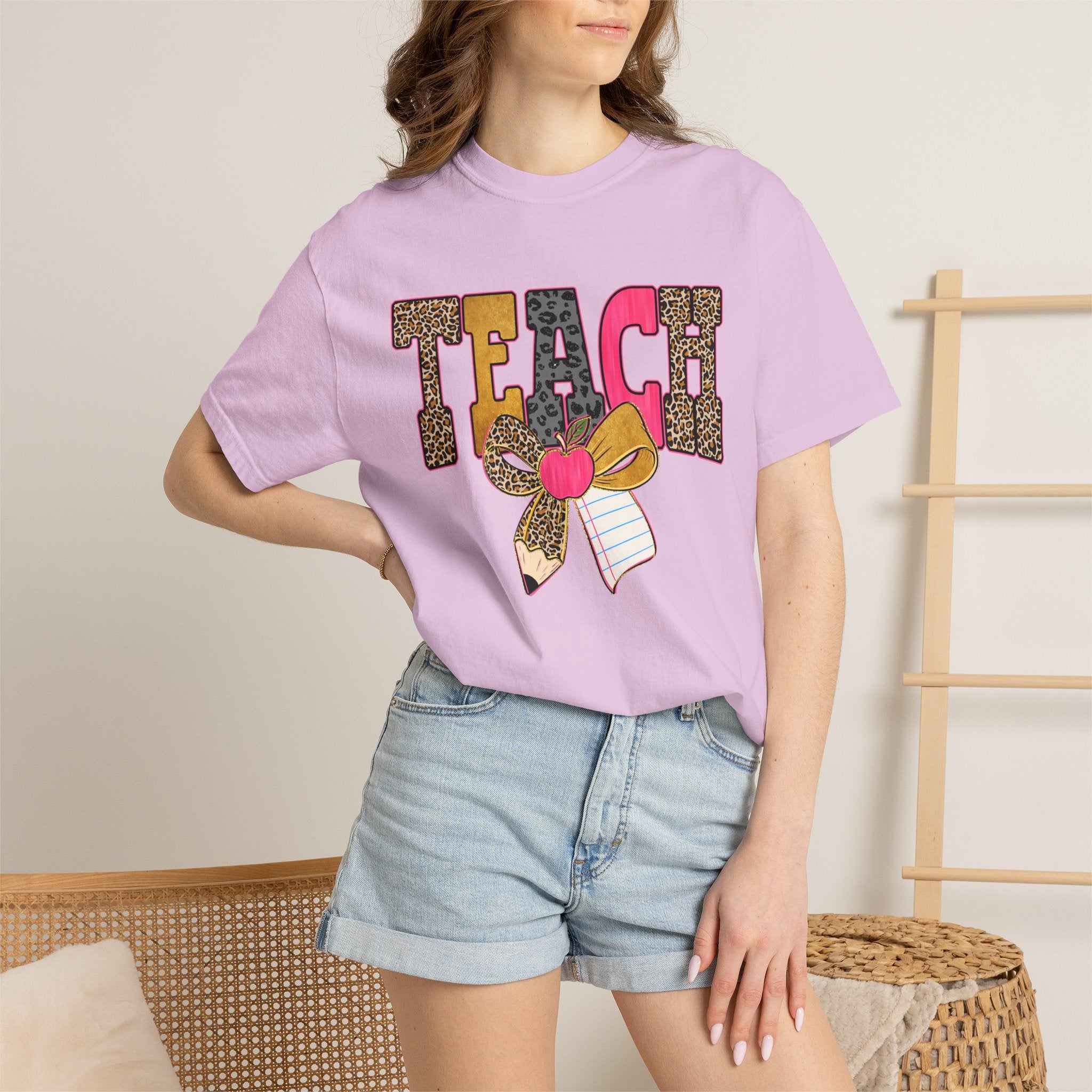 Teacher Graphic Tee — 'TEACH' Leopard Print Pencil Bow Design
