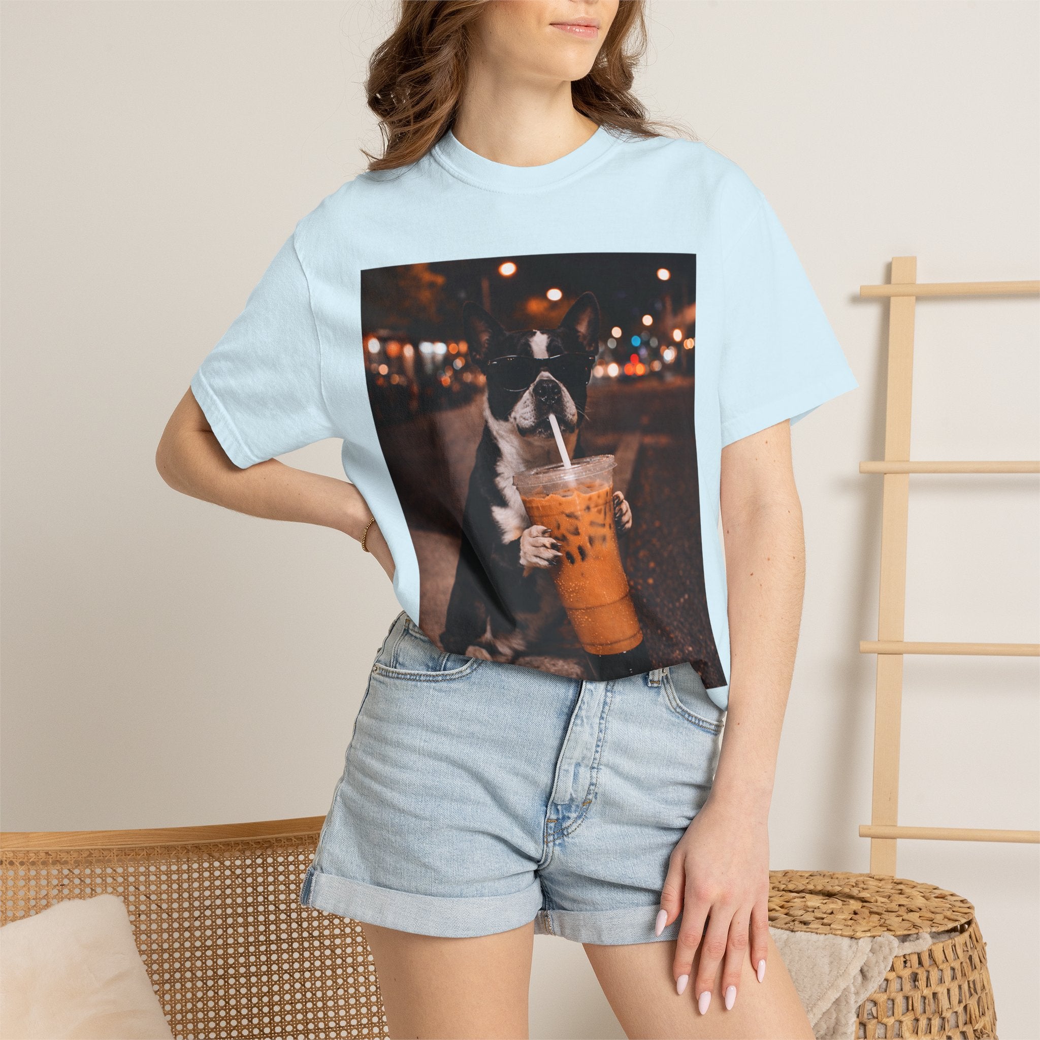 Boston Terrier Sipping Iced Coffee T-Shirt — Cute Dog Photo Tee