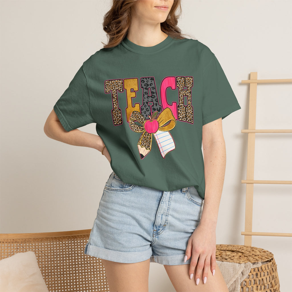 Teacher Graphic Tee — 'TEACH' Leopard Print Pencil Bow Design