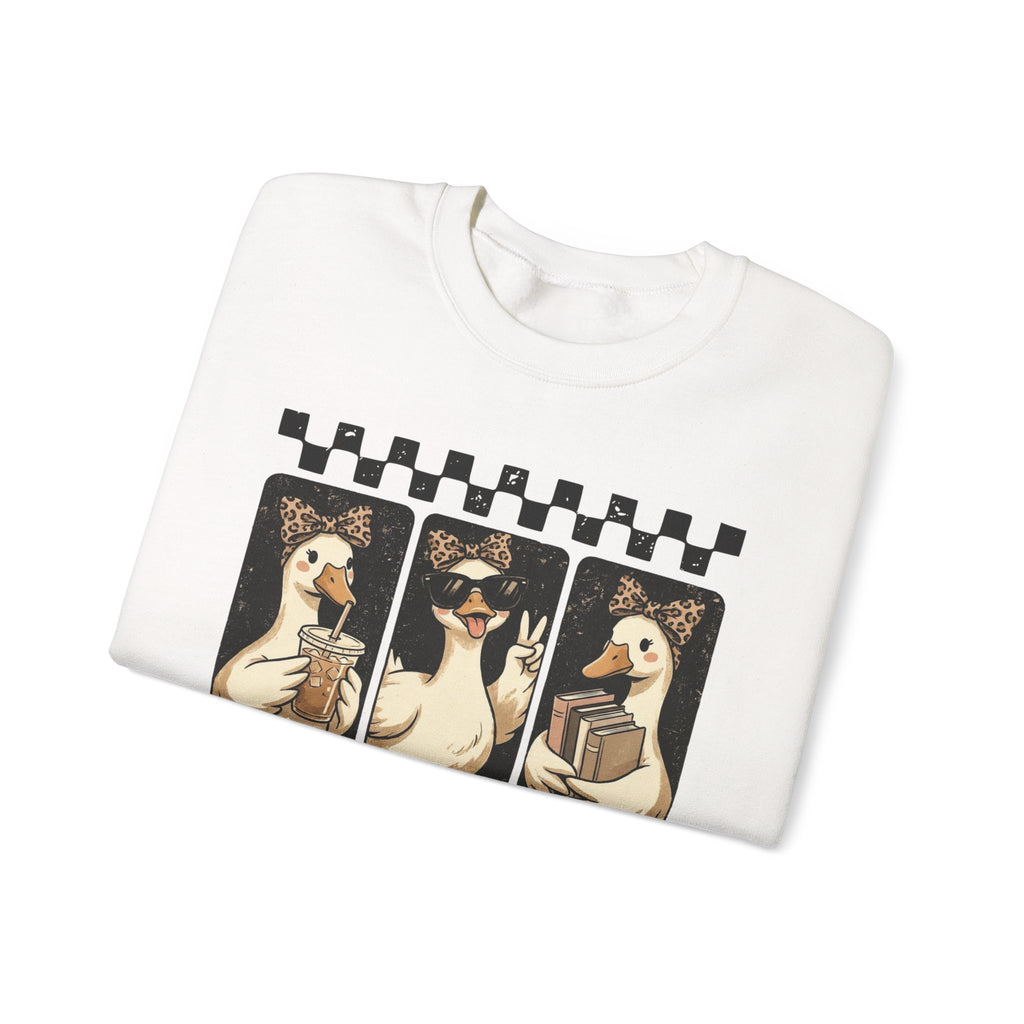 Duck Trio Crewneck Sweatshirt — Vintage Checkered Retro Goose Illustration