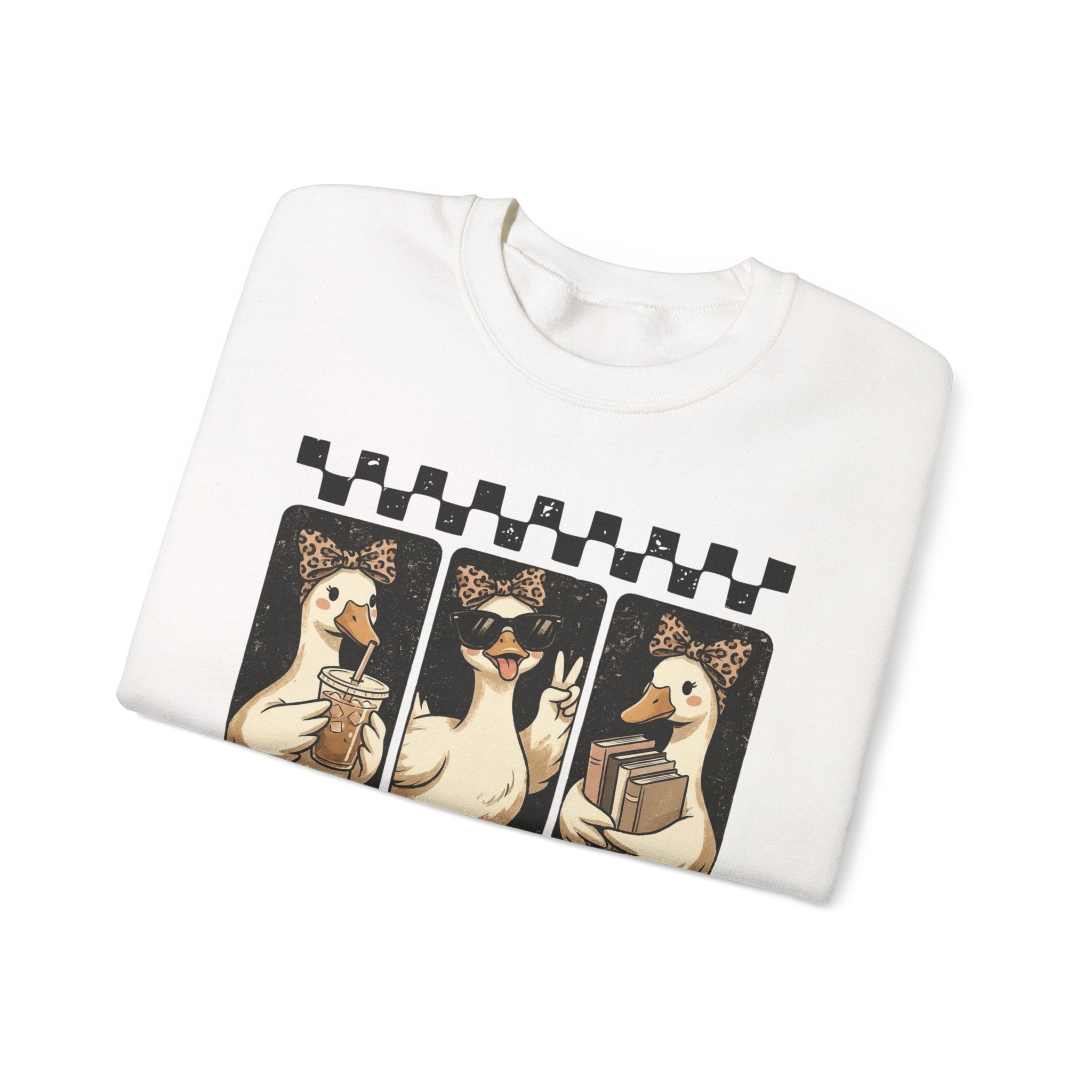 Duck Trio Crewneck Sweatshirt — Vintage Checkered Retro Goose Illustration