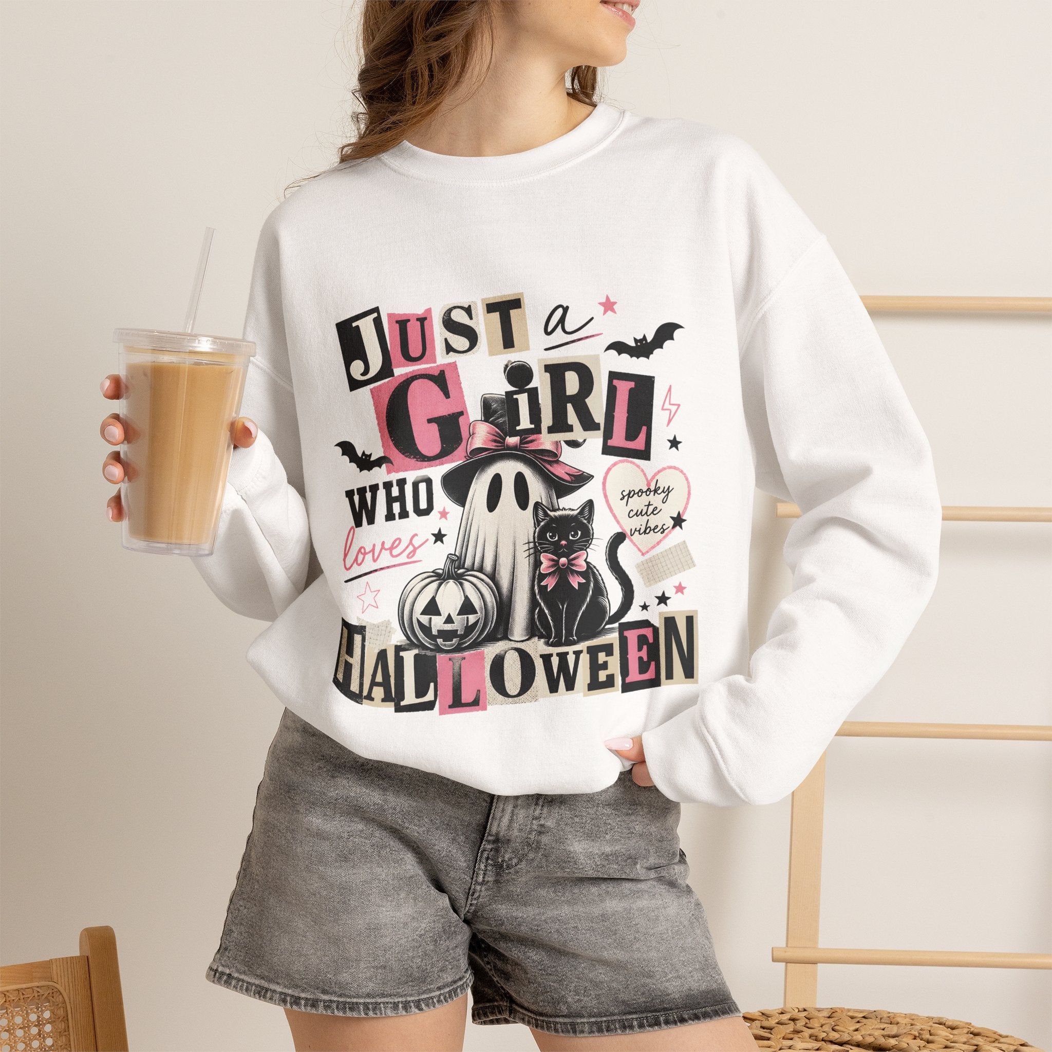 Halloween Sweatshirt — "Just a Girl Who Loves Halloween" Cute Ghost & Pumpkin Crewneck