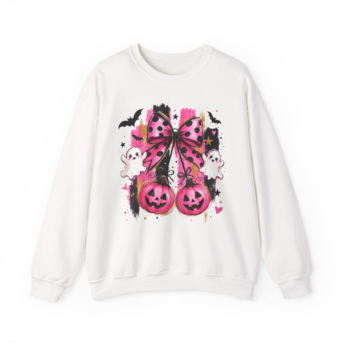 Halloween Pink Pumpkins Crewneck Sweatshirt — Cute Ghosts & Polka Dot Bow Design