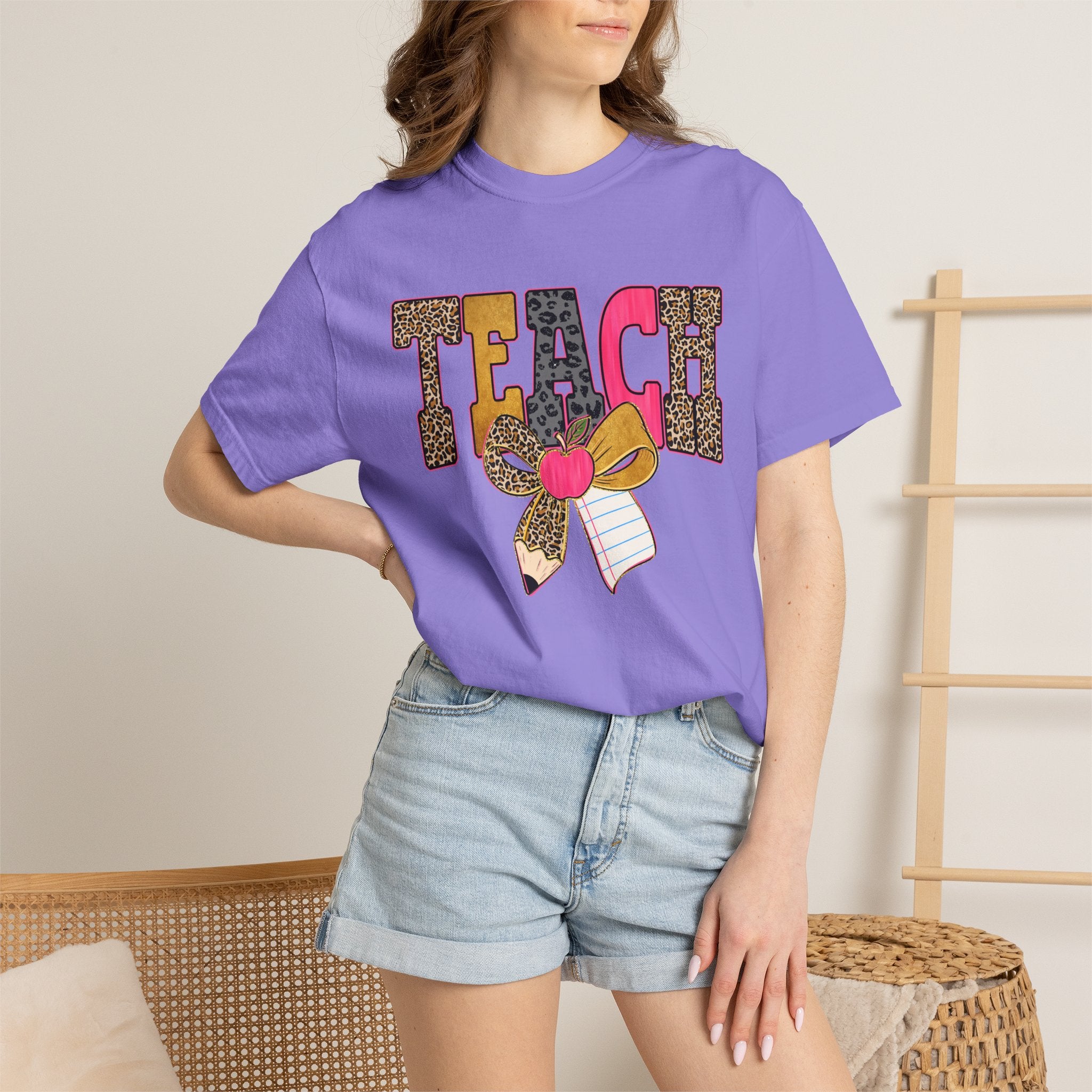 Teacher Graphic Tee — 'TEACH' Leopard Print Pencil Bow Design