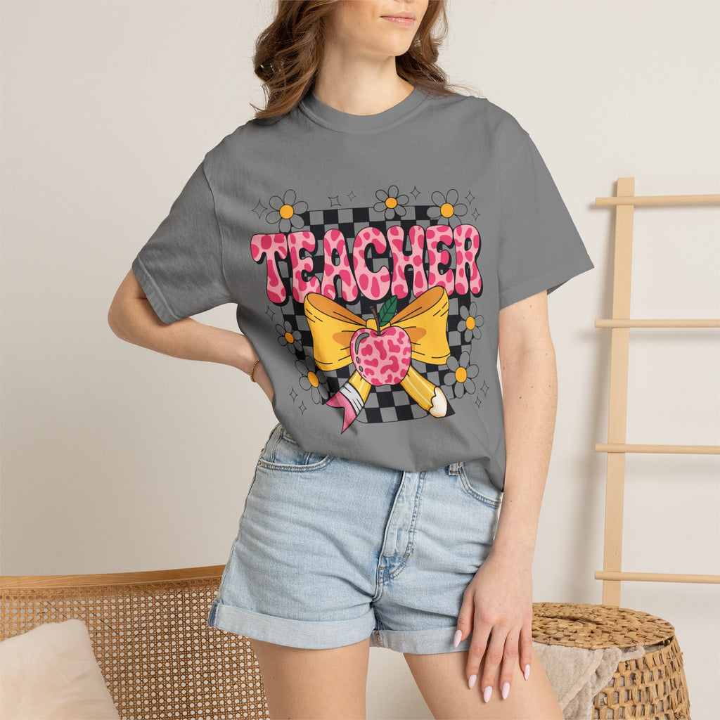 Teacher Floral Bow T‑Shirt — Cute Checkerboard & Heart Design for Educators