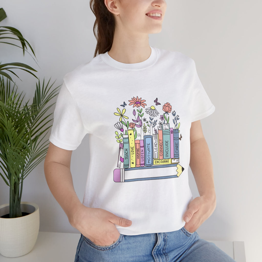 Book Lover T‑Shirt — Teacher Floral Books & Pencil Illustration Tee
