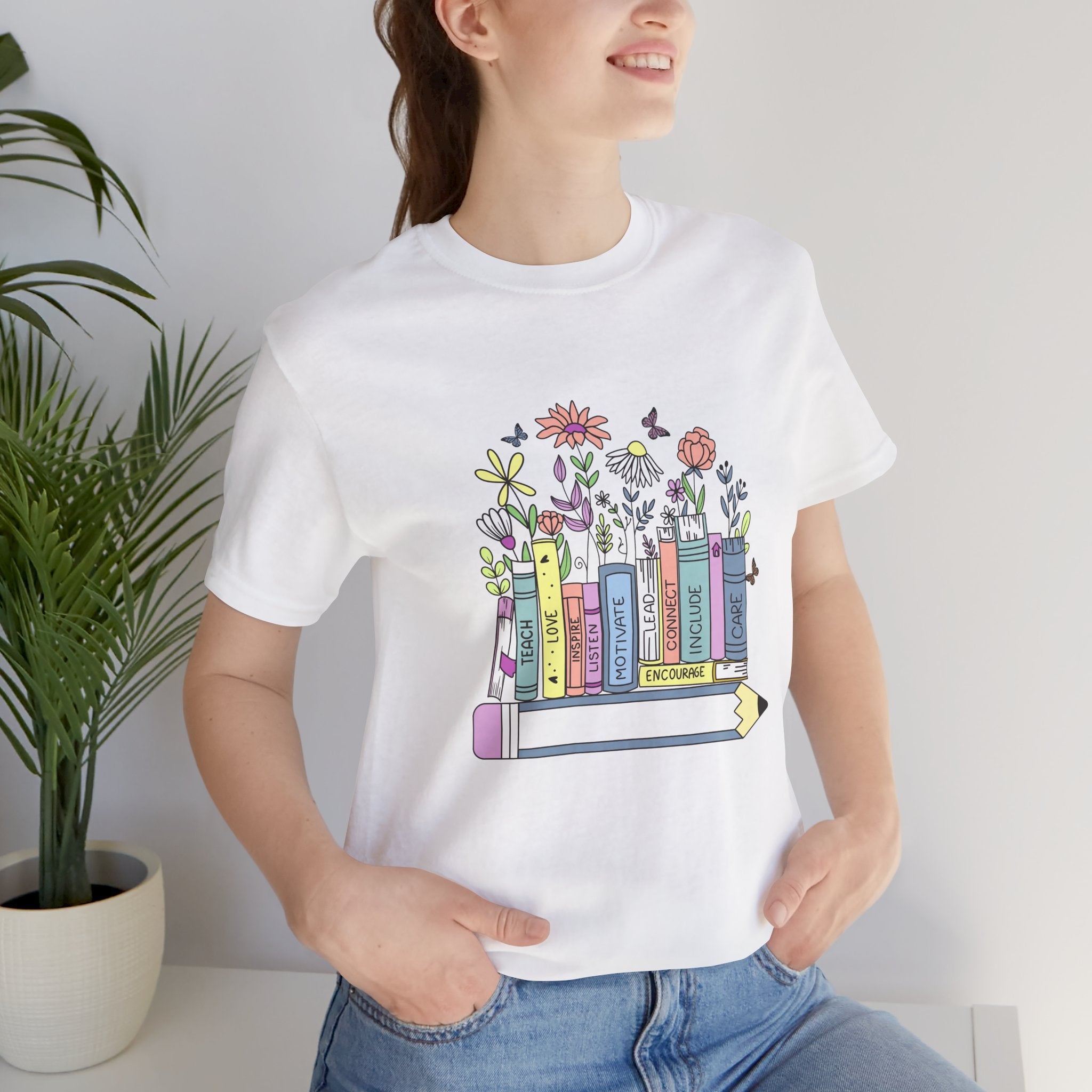 Book Lover T‑Shirt — Teacher Floral Books & Pencil Illustration Tee