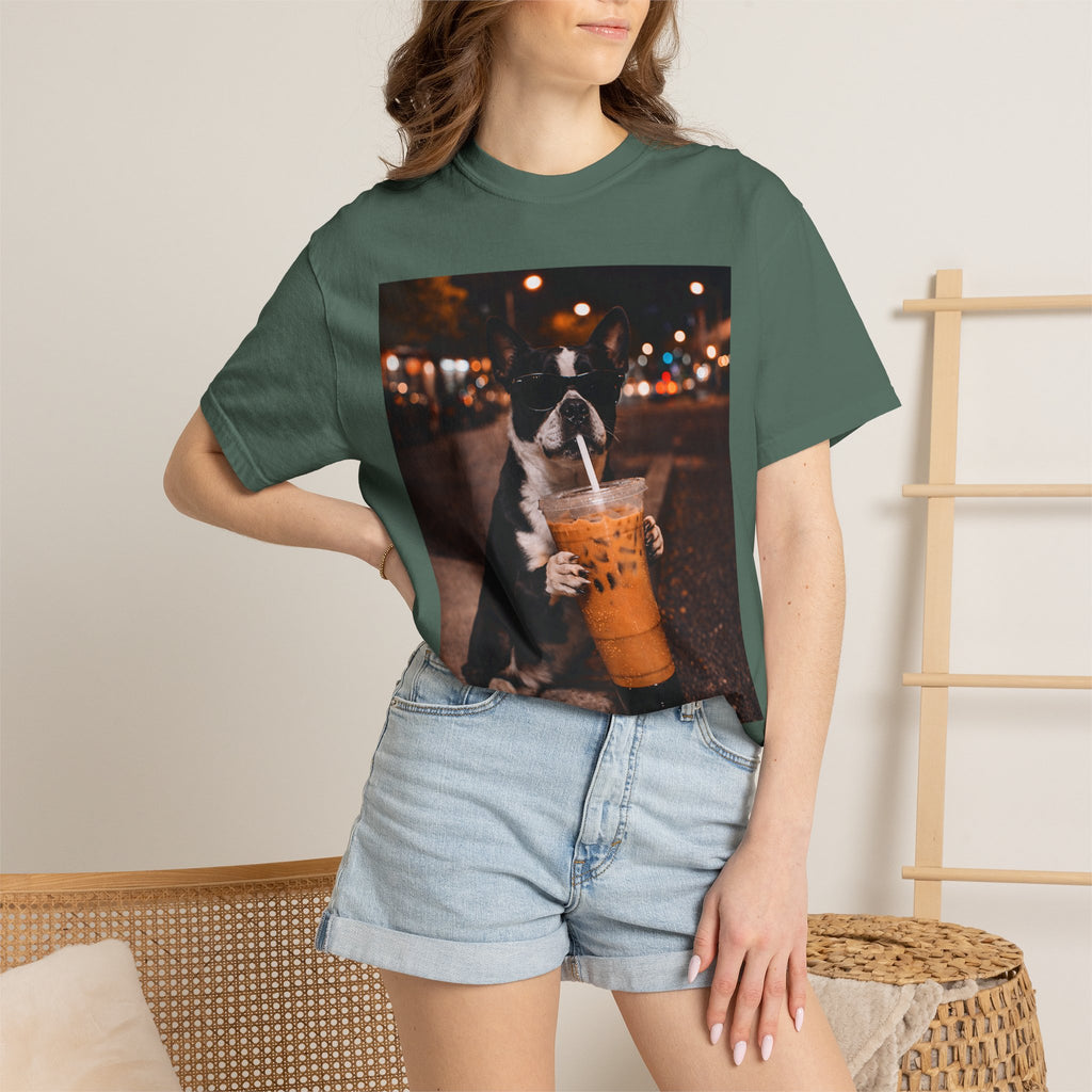 Boston Terrier Sipping Iced Coffee T-Shirt — Cute Dog Photo Tee