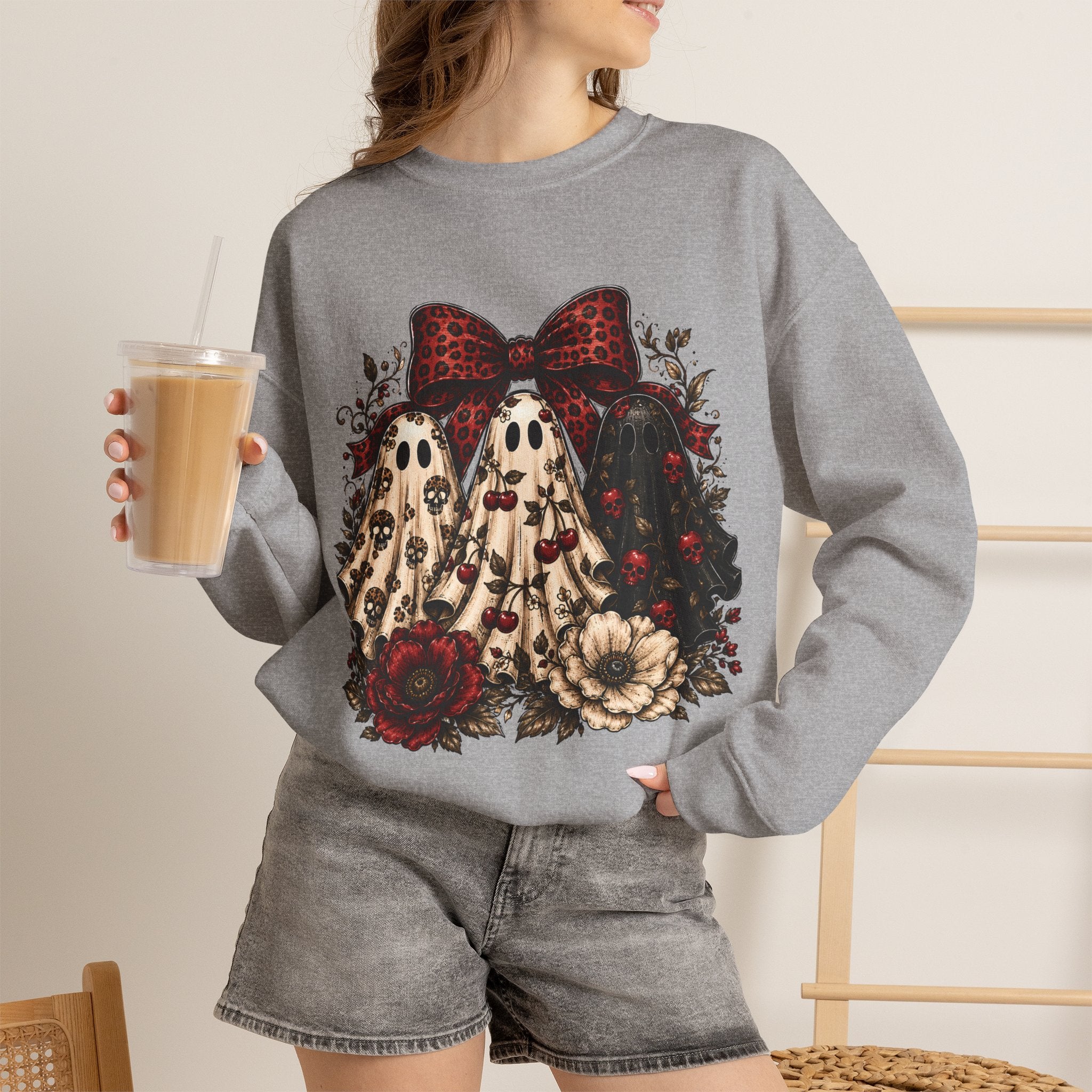 Ghost Trio Floral Crewneck Sweatshirt – Leopard Bow Halloween Pullover