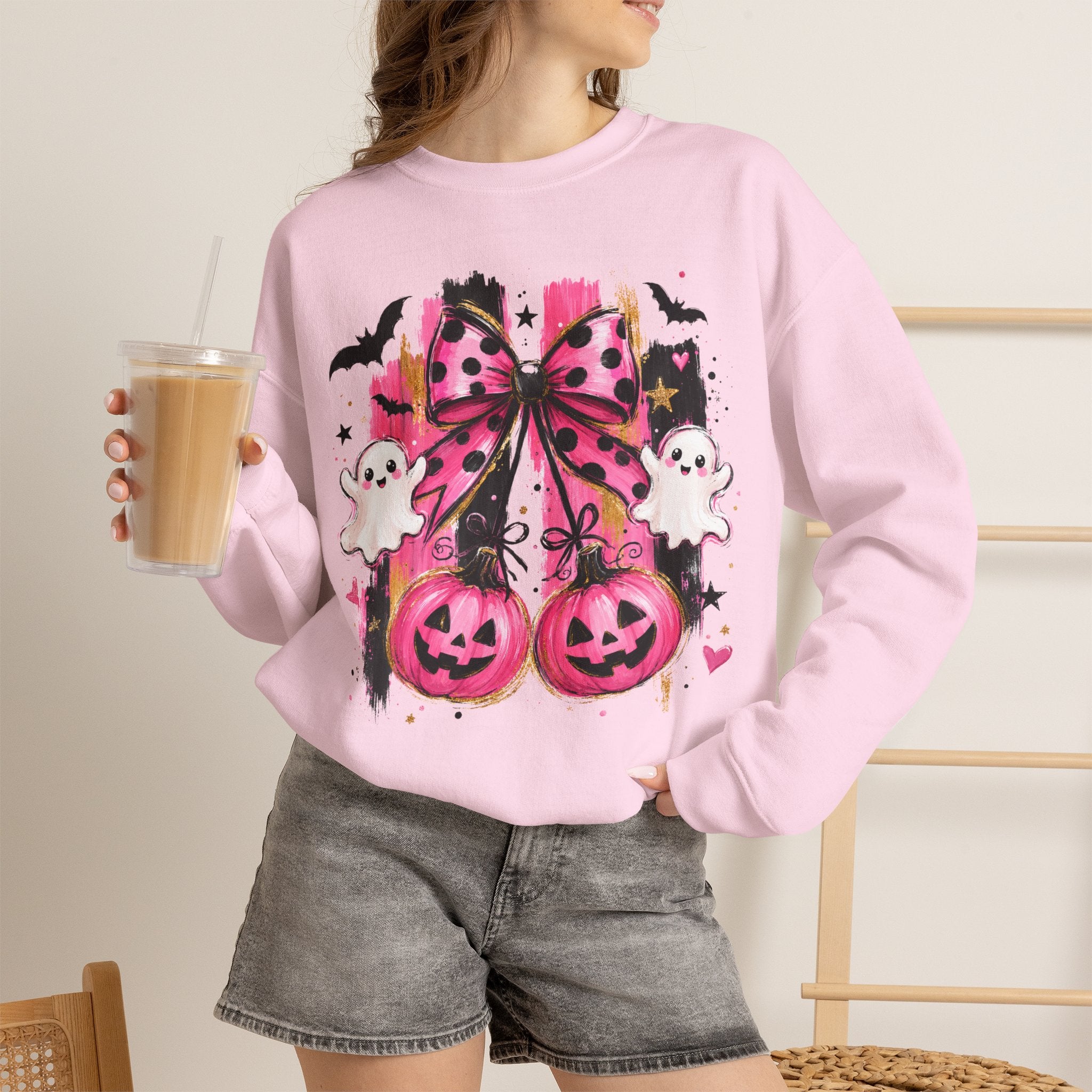 Halloween Pink Pumpkins Crewneck Sweatshirt — Cute Ghosts & Polka Dot Bow Design