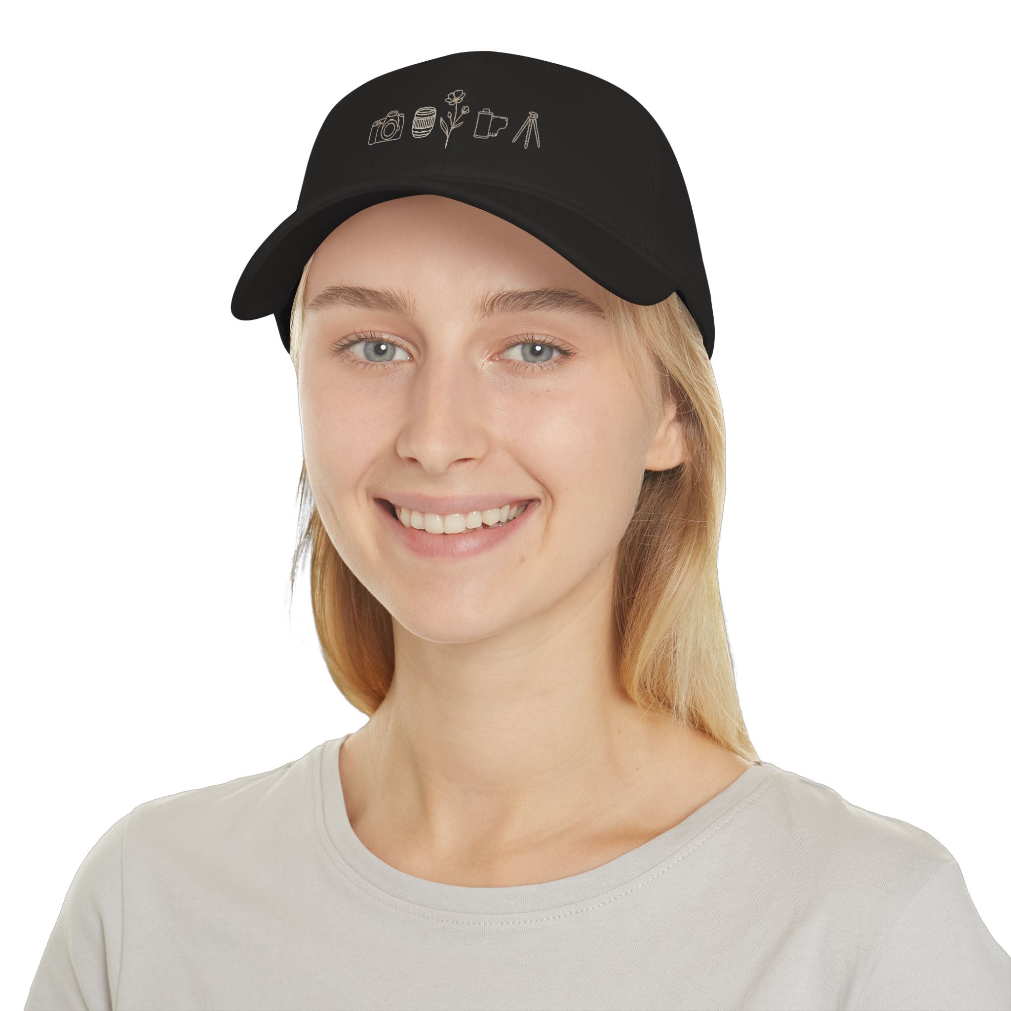 Photographer Icons Low Profile Baseball Cap — Camera, Lens, Tripod Design