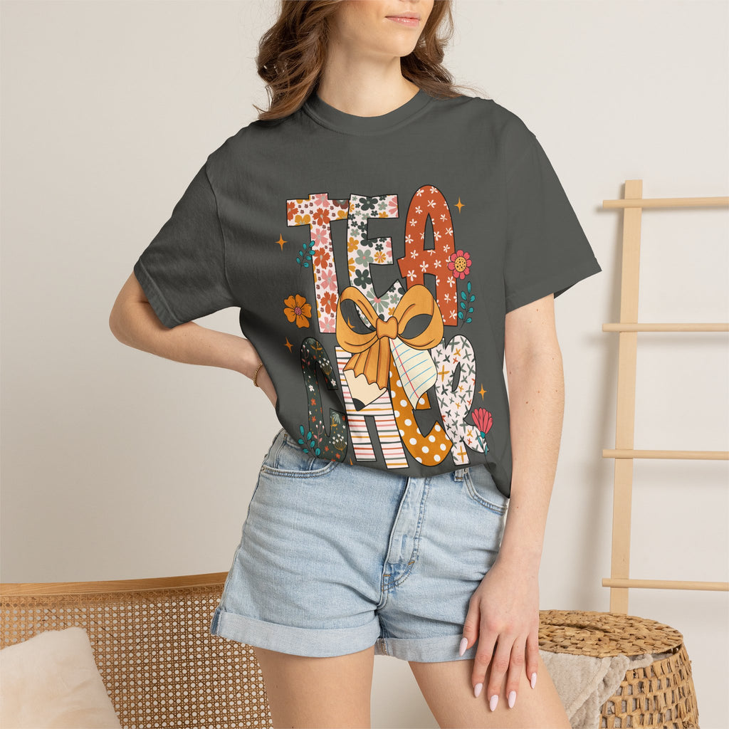 Teacher Graphic T-Shirt — Floral "Teacher" Design with Ribbon