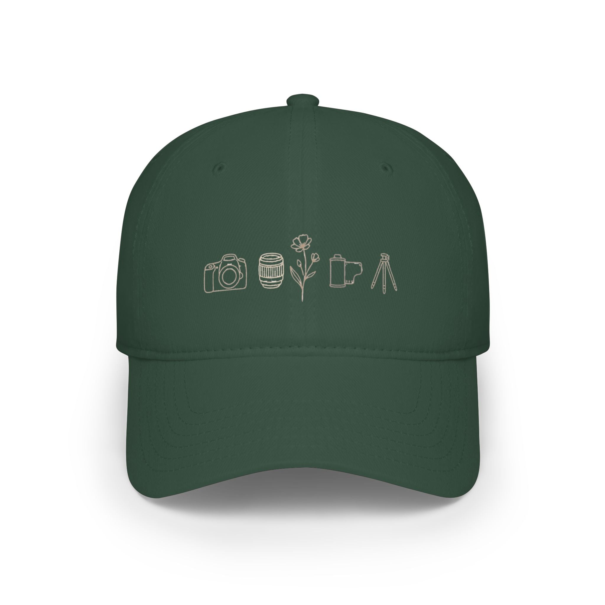 Photographer Icons Low Profile Baseball Cap — Camera, Lens, Tripod Design