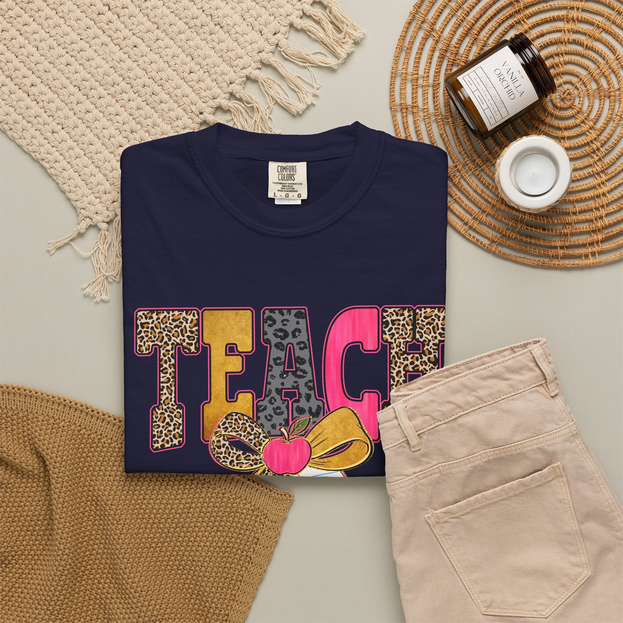 Teacher Graphic Tee — 'TEACH' Leopard Print Pencil Bow Design