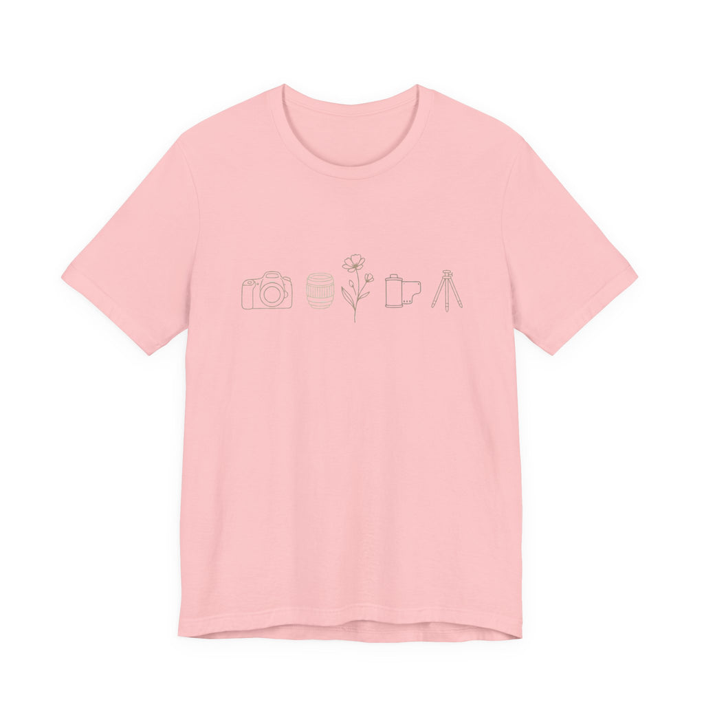 Photography Icons Tee — Minimal Camera, Film, Flower & Tripod Graphic Shirt