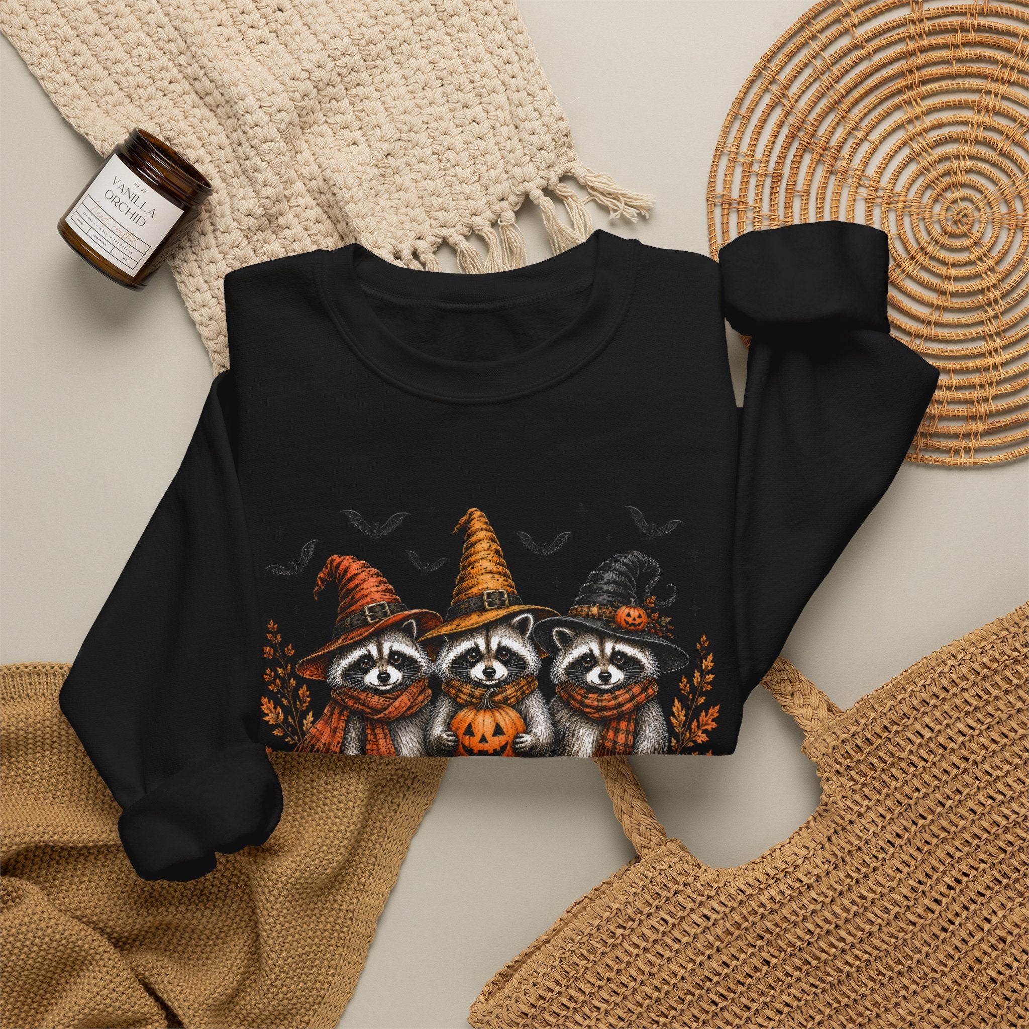 Halloween Raccoon Crewneck Sweatshirt — Cute Witch Hats & Pumpkin Design