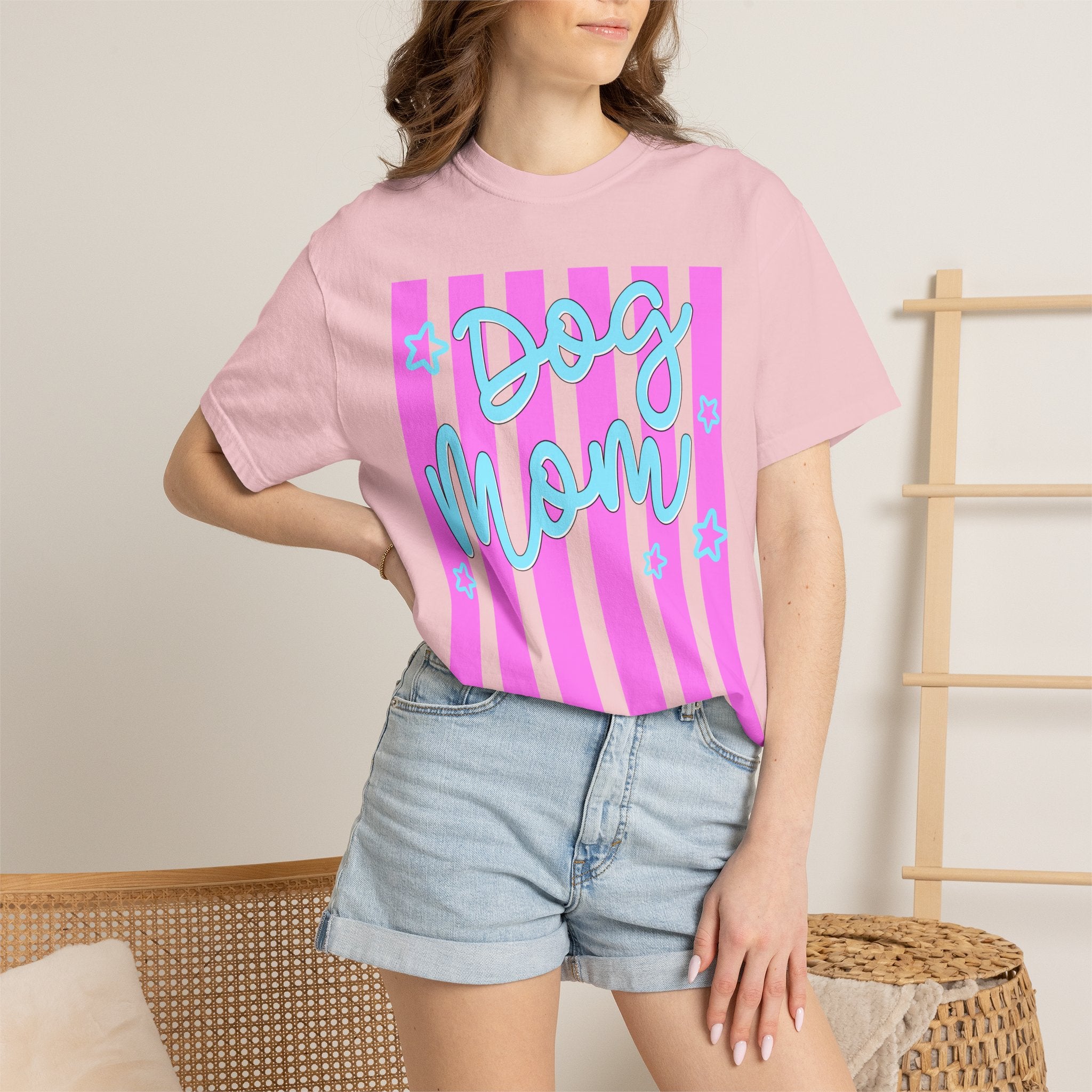 Dog Mom T-Shirt — Pastel Striped Graphic Tee for Pet Lovers
