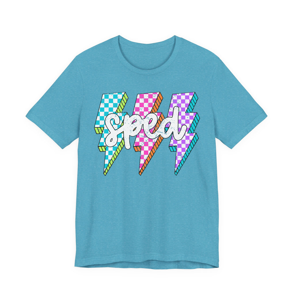 Speed Lightning Tee — Retro Checkerboard Bolt Graphic T-Shirt