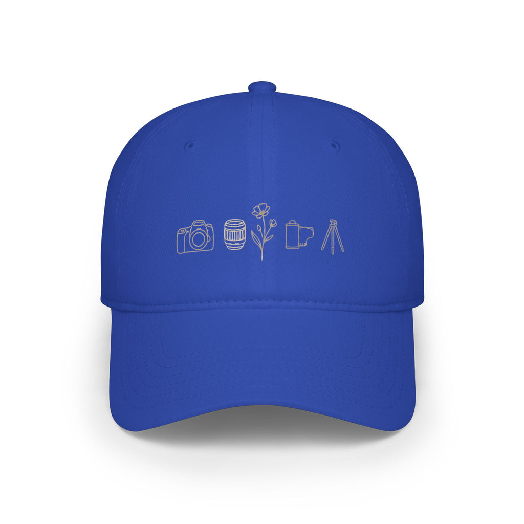 Photographer Icons Low Profile Baseball Cap — Camera, Lens, Tripod Design