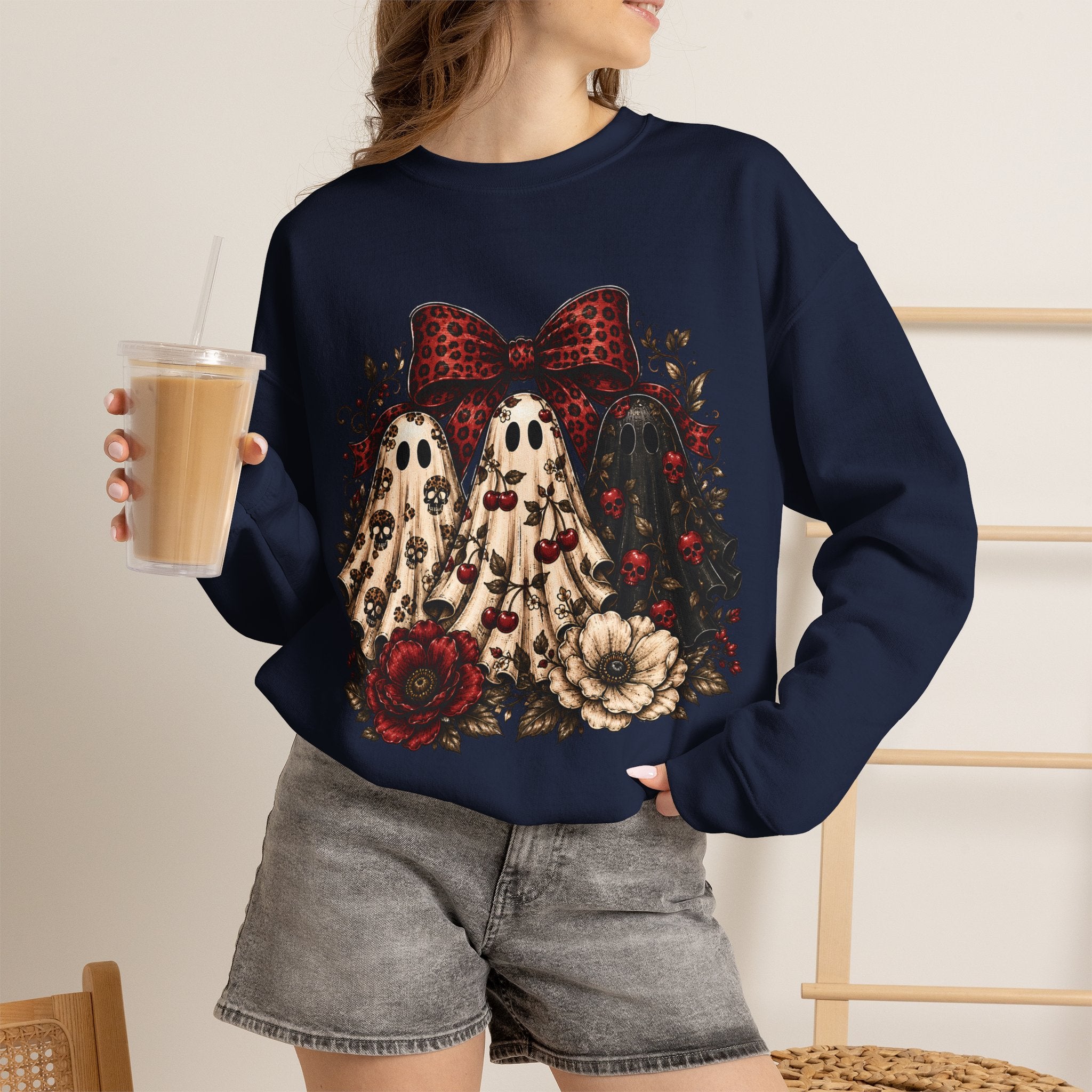 Ghost Trio Floral Crewneck Sweatshirt – Leopard Bow Halloween Pullover