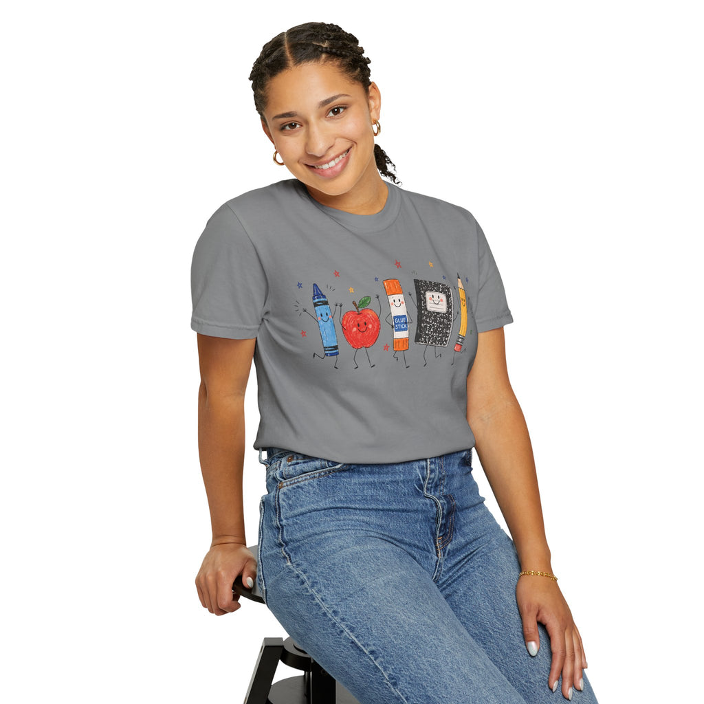 Cute School Supplies Teacher T-Shirt — Happy Apple, Crayon & Pencil Graphic Tee