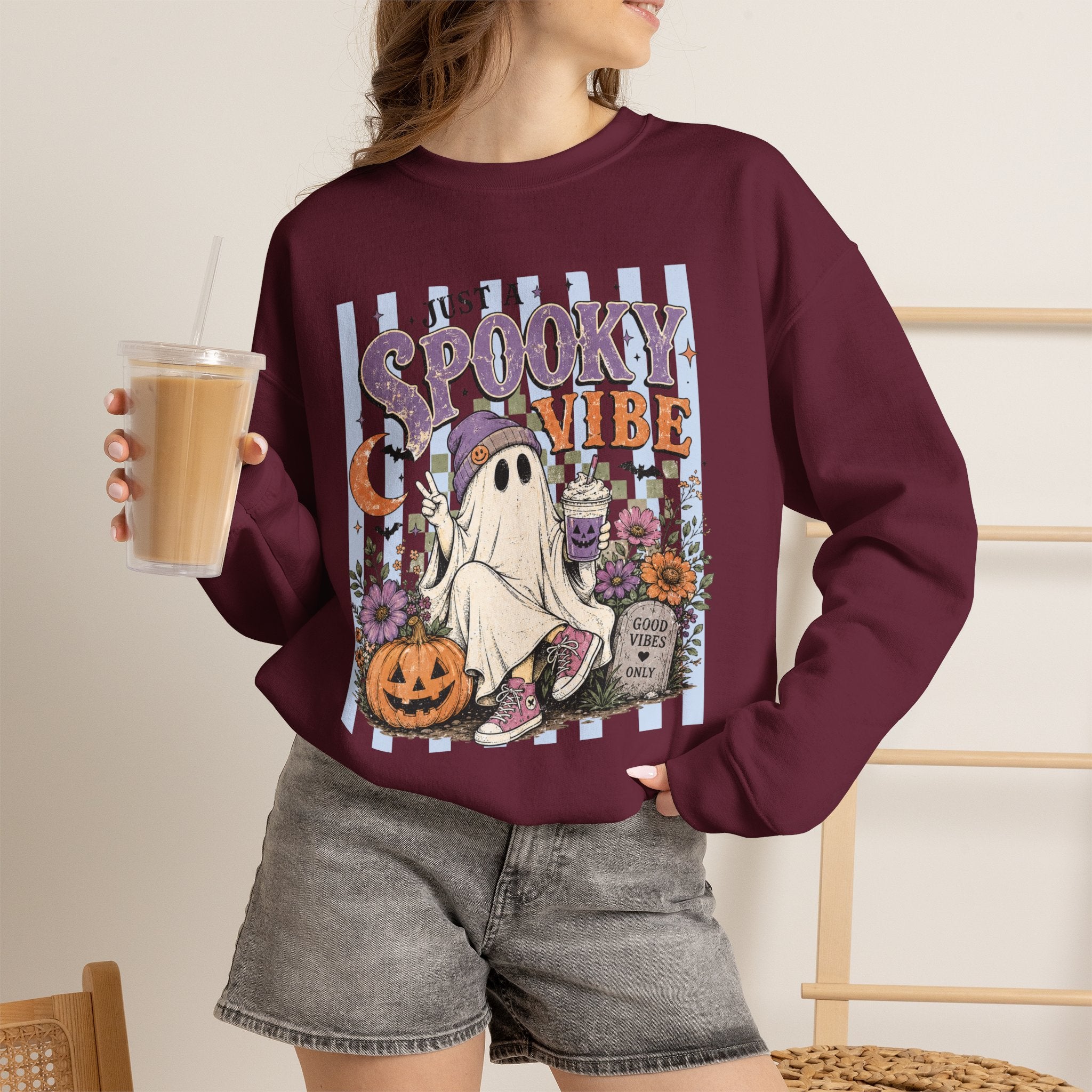 Spooky Vibe Crewneck Sweatshirt — Cute Halloween Ghost Pumpkin Graphic