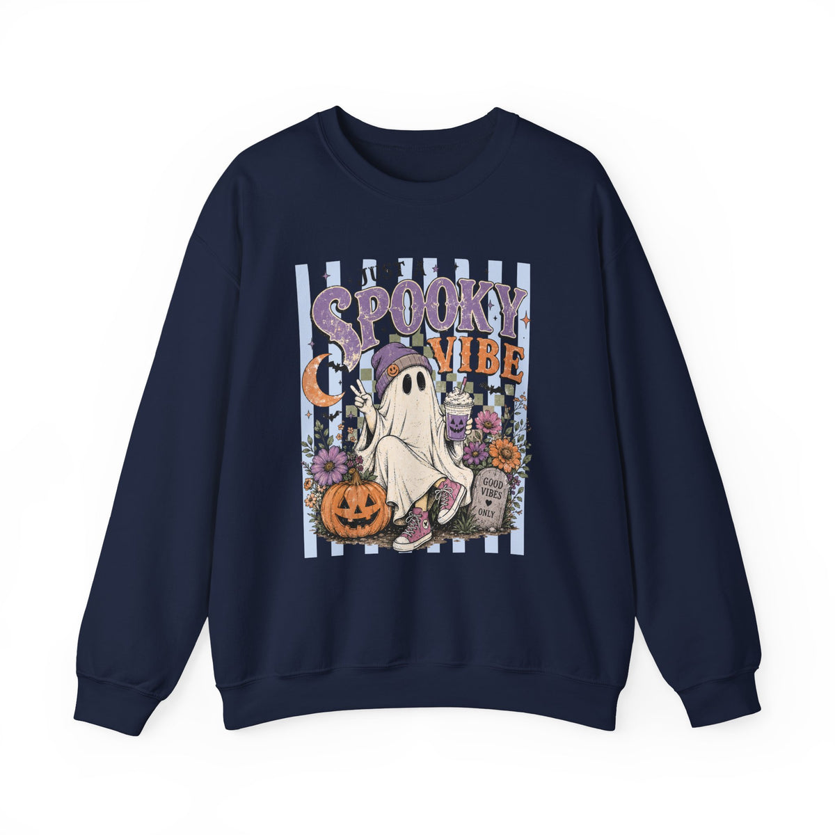 Spooky Vibe Crewneck Sweatshirt — Cute Halloween Ghost Pumpkin Graphic