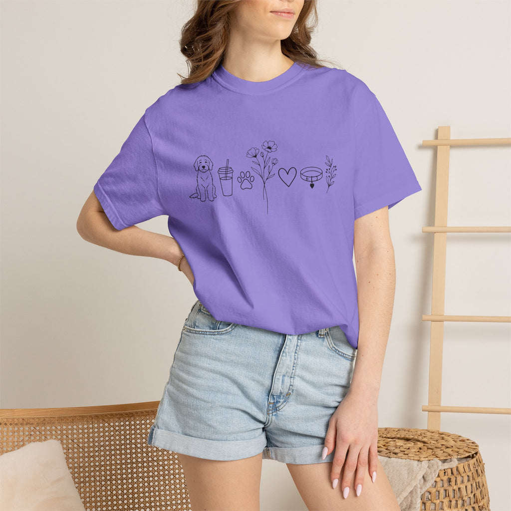 Minimal Doodle and Floral Icons T-Shirt — Coffee, Plants & Dog Line Art Tee