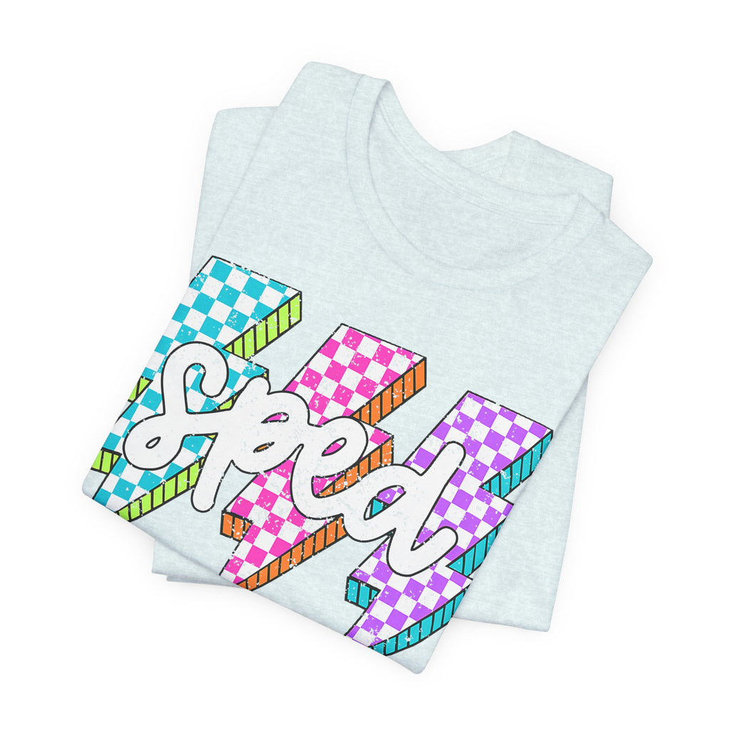 Speed Lightning Tee — Retro Checkerboard Bolt Graphic T-Shirt