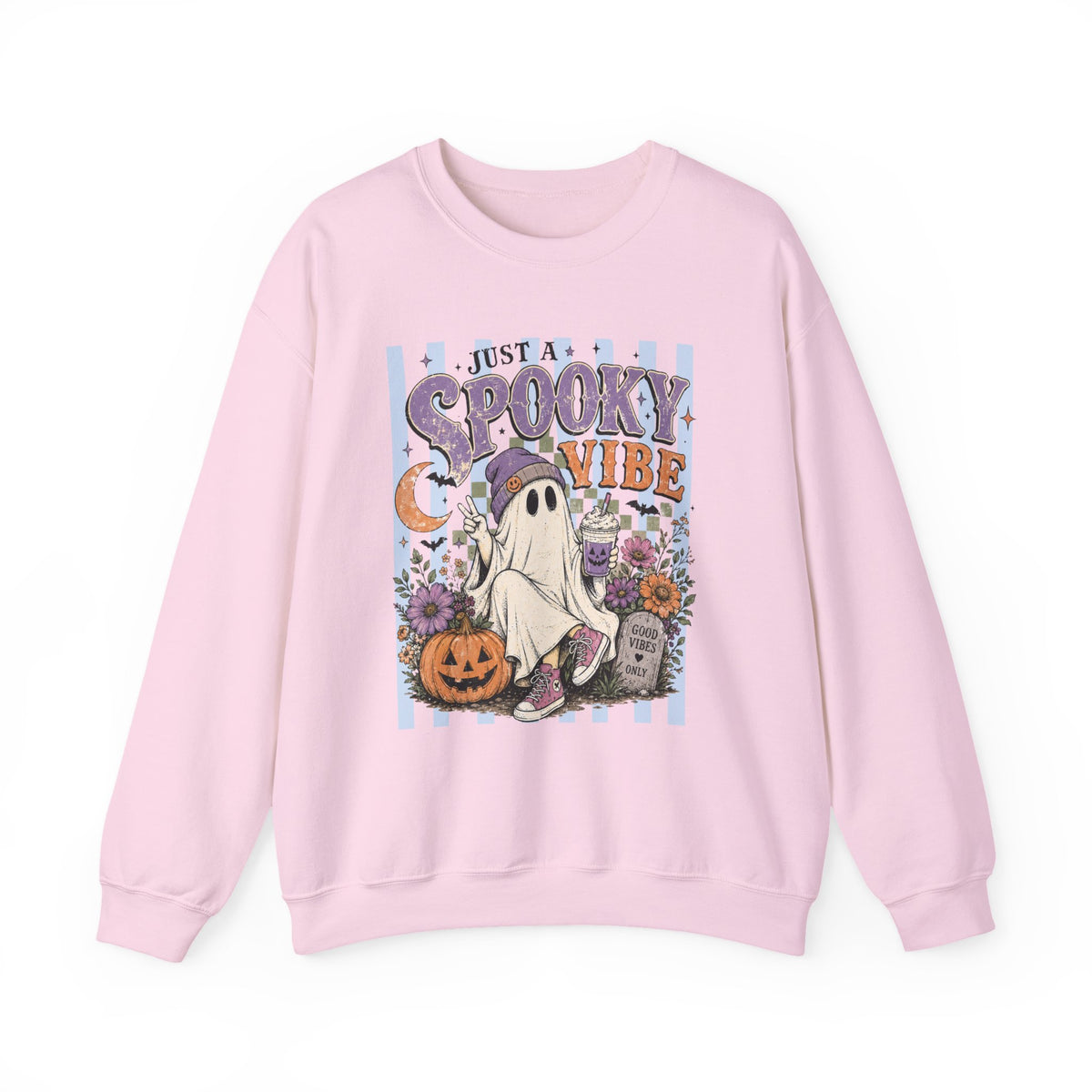 Spooky Vibe Crewneck Sweatshirt — Cute Halloween Ghost Pumpkin Graphic