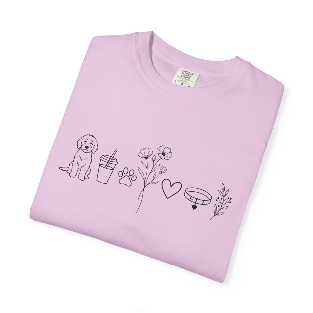 Minimal Doodle and Floral Icons T-Shirt — Coffee, Plants & Dog Line Art Tee