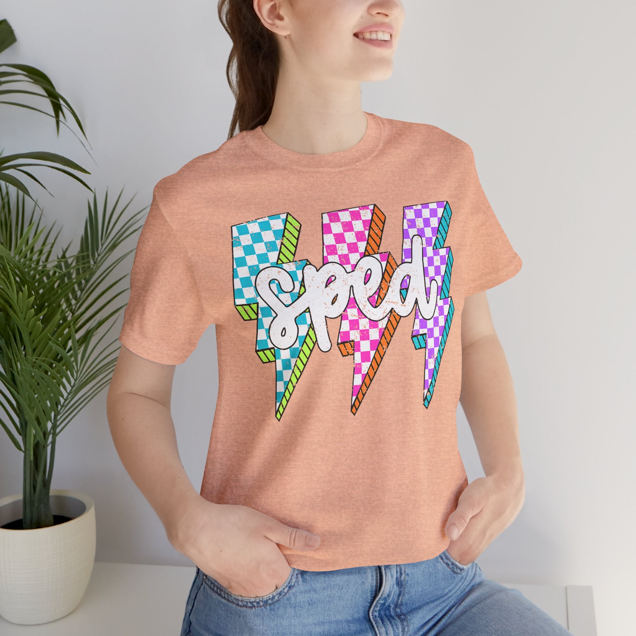 Speed Lightning Tee — Retro Checkerboard Bolt Graphic T-Shirt