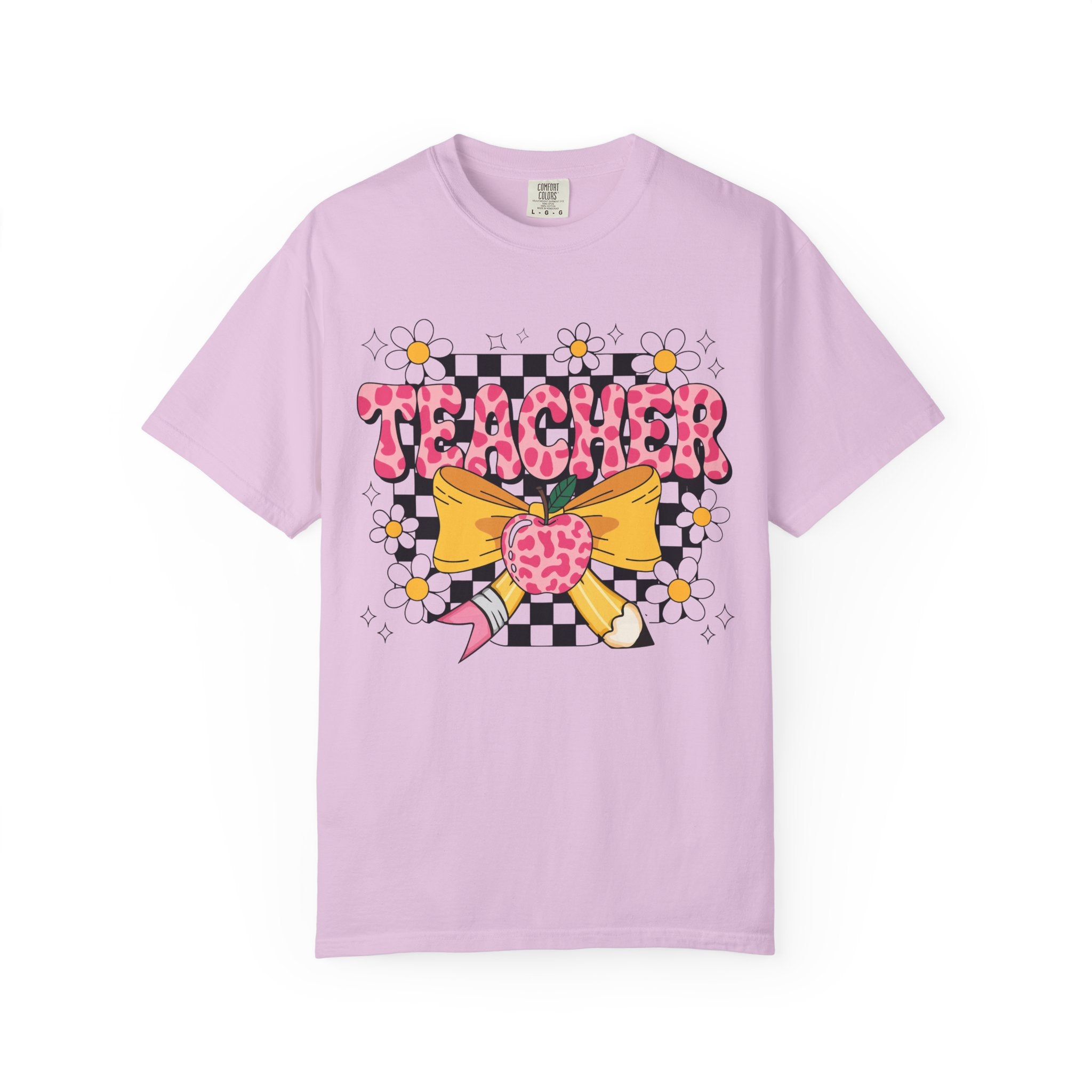 Teacher Floral Bow T‑Shirt — Cute Checkerboard & Heart Design for Educators