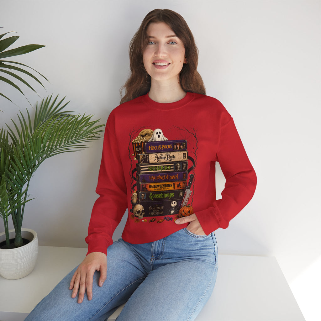 Halloween Book Stack Crewneck Sweatshirt — Spooky Classics Stack with Pumpkin & Skulls